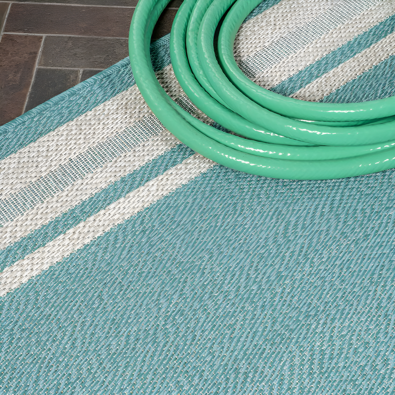 2' x 8' James Modern Border Stripe Indoor/Outdoor Runner Rug, Aqua/Beige - JONATHAN Y