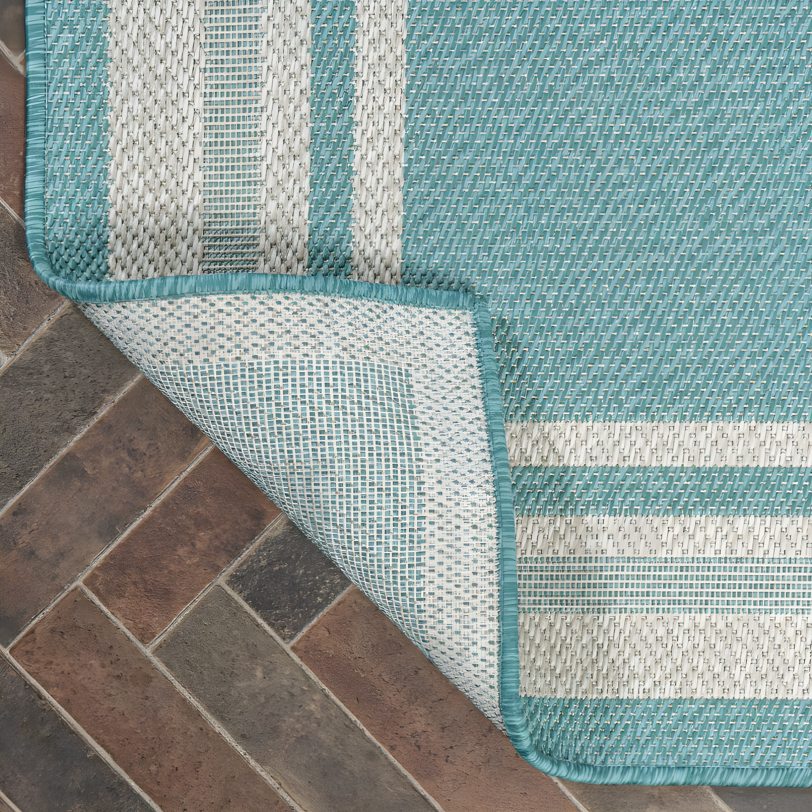 2' x 8' James Modern Border Stripe Indoor/Outdoor Runner Rug, Aqua/Beige - JONATHAN Y
