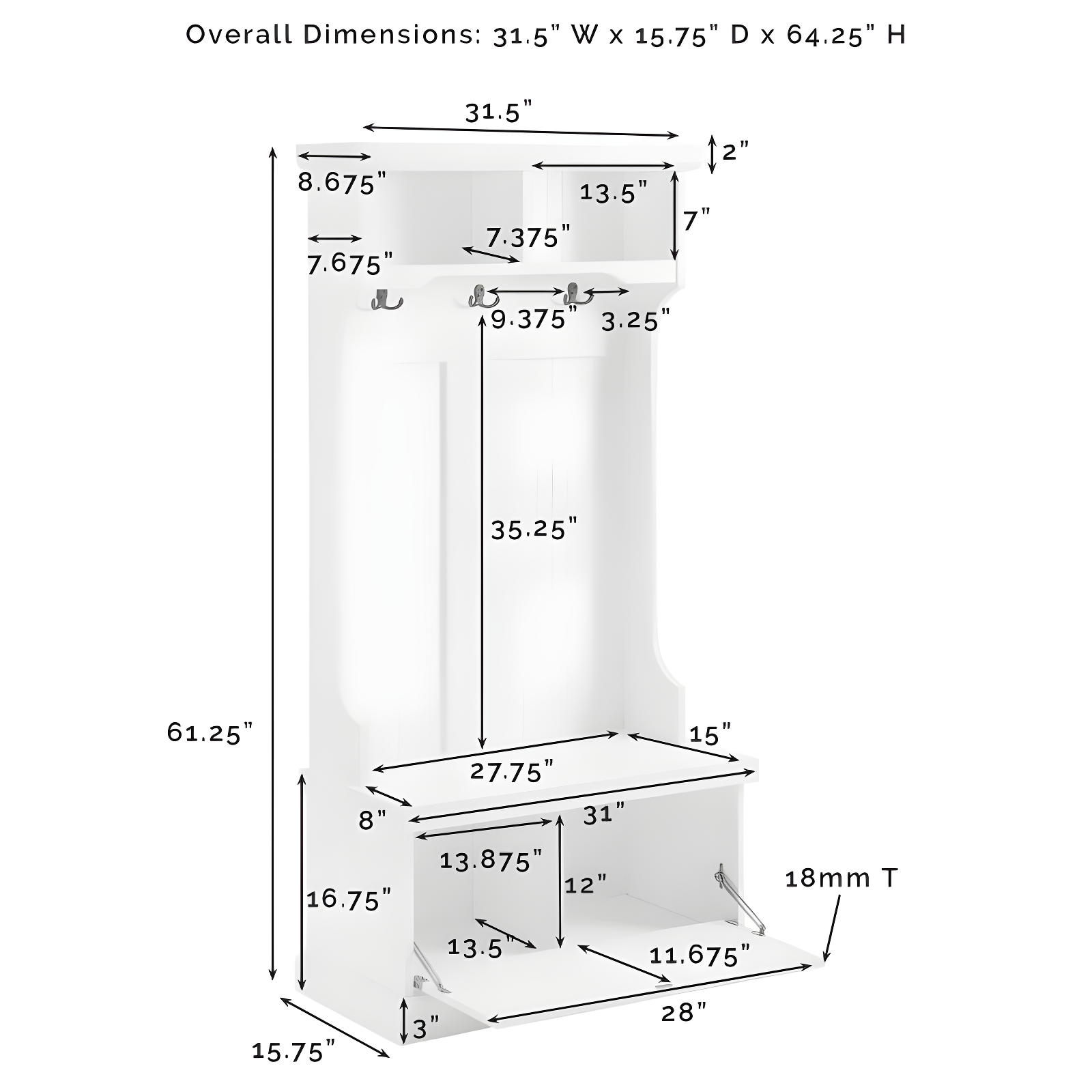 Shoreline Hall Tree White - Crosley: Nautical Coastal Beach Style, Wood Veneer with Metal Hardware