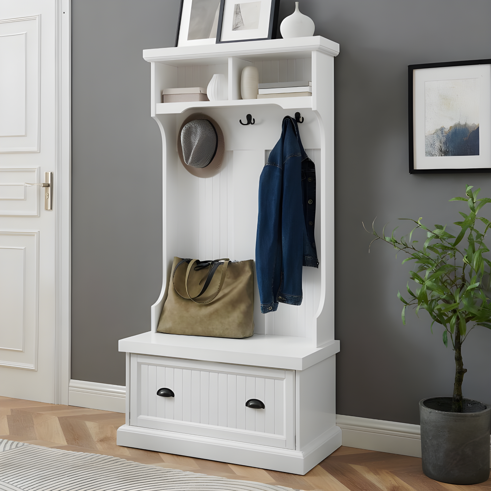 Shoreline Hall Tree White - Crosley: Nautical Coastal Beach Style, Wood Veneer with Metal Hardware