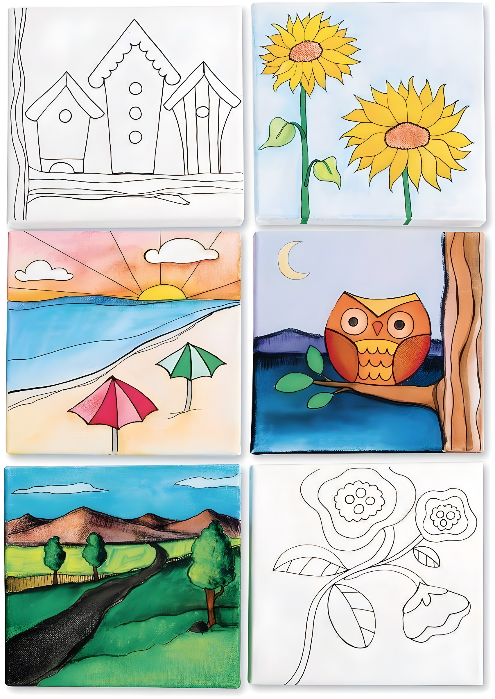 S & S Worldwide Paint-Your-Own Designer Canvas Set II, 2 each of 6 Pre-Printed Designs, Great For Kids & Adults, DIY Ready To Paint, 6-1/2" x 6-1/2" Stretched Canvas. Pack of 12.