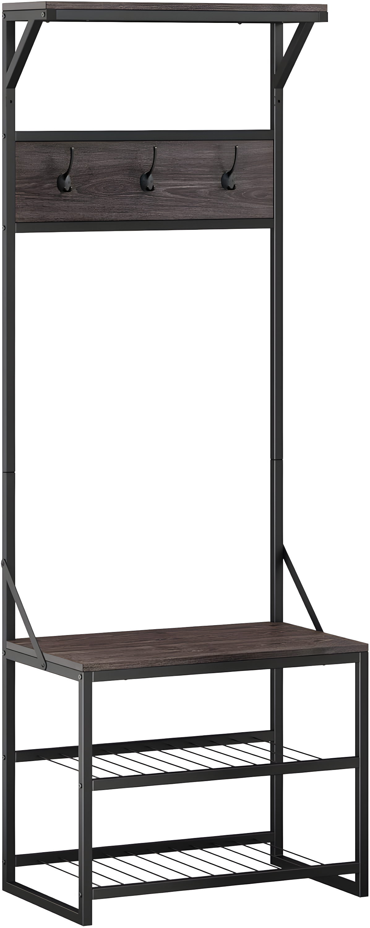 RiverRidge Home RiverRidge Afton Hall Tree Shoe Storage Organizer Cabinet with Hooks and Top Storage Shelf Entryway Bench Seat - Weathered Woodgrain and Black Metal Frame