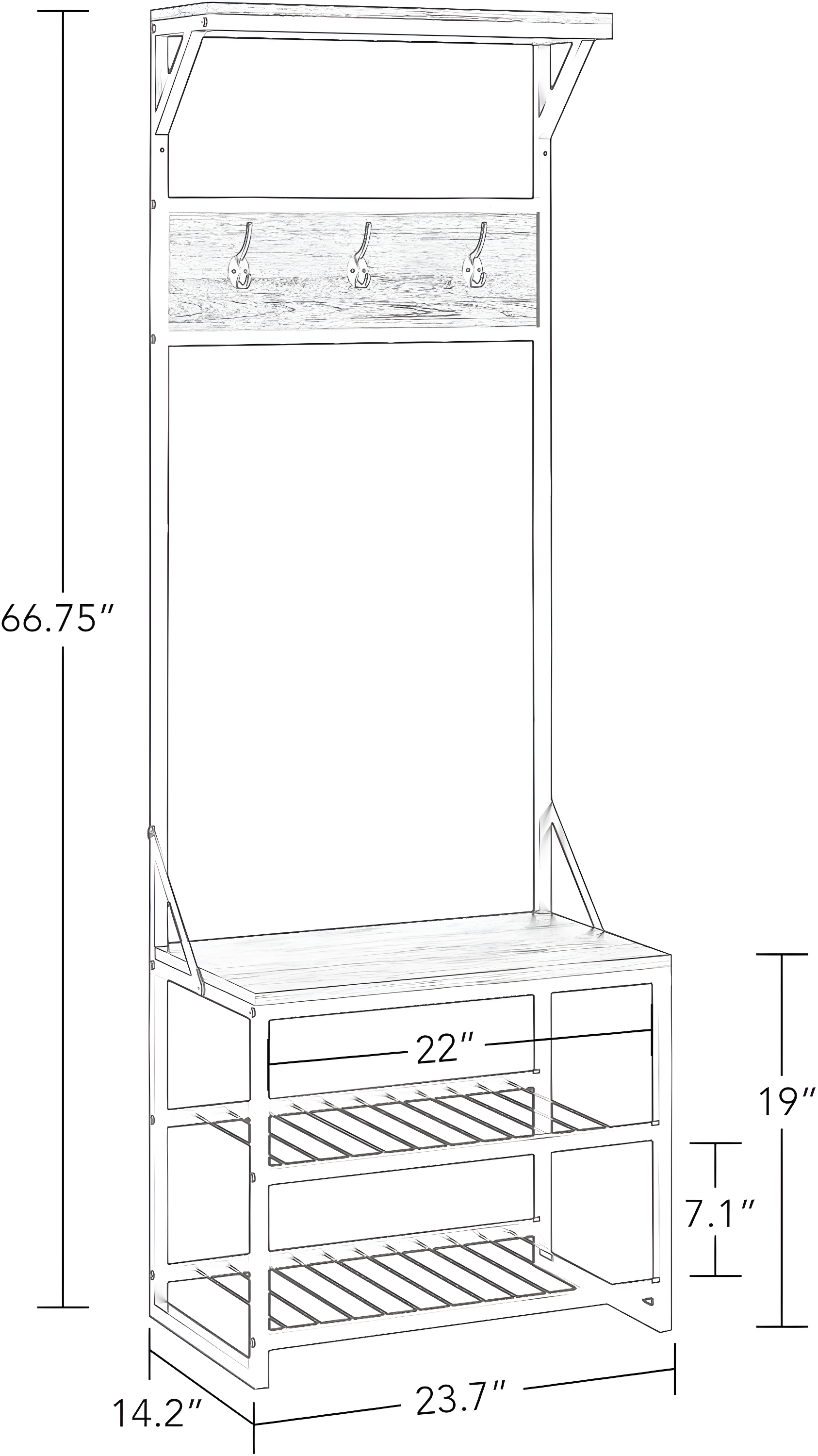 RiverRidge Home RiverRidge Afton Hall Tree Shoe Storage Organizer Cabinet with Hooks and Top Storage Shelf Entryway Bench Seat - Weathered Woodgrain and Black Metal Frame
