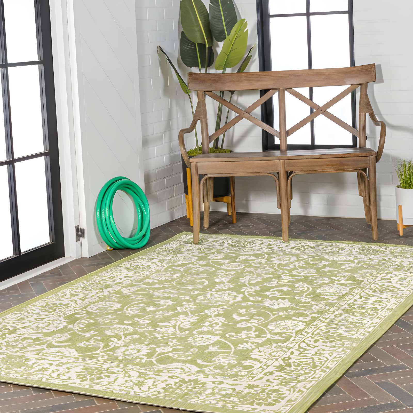4' x 6' Tela Bohemian Styled Textured Weave Floral Indoor/Outdoor Area Rug, Green/Cream - JONATHAN Y