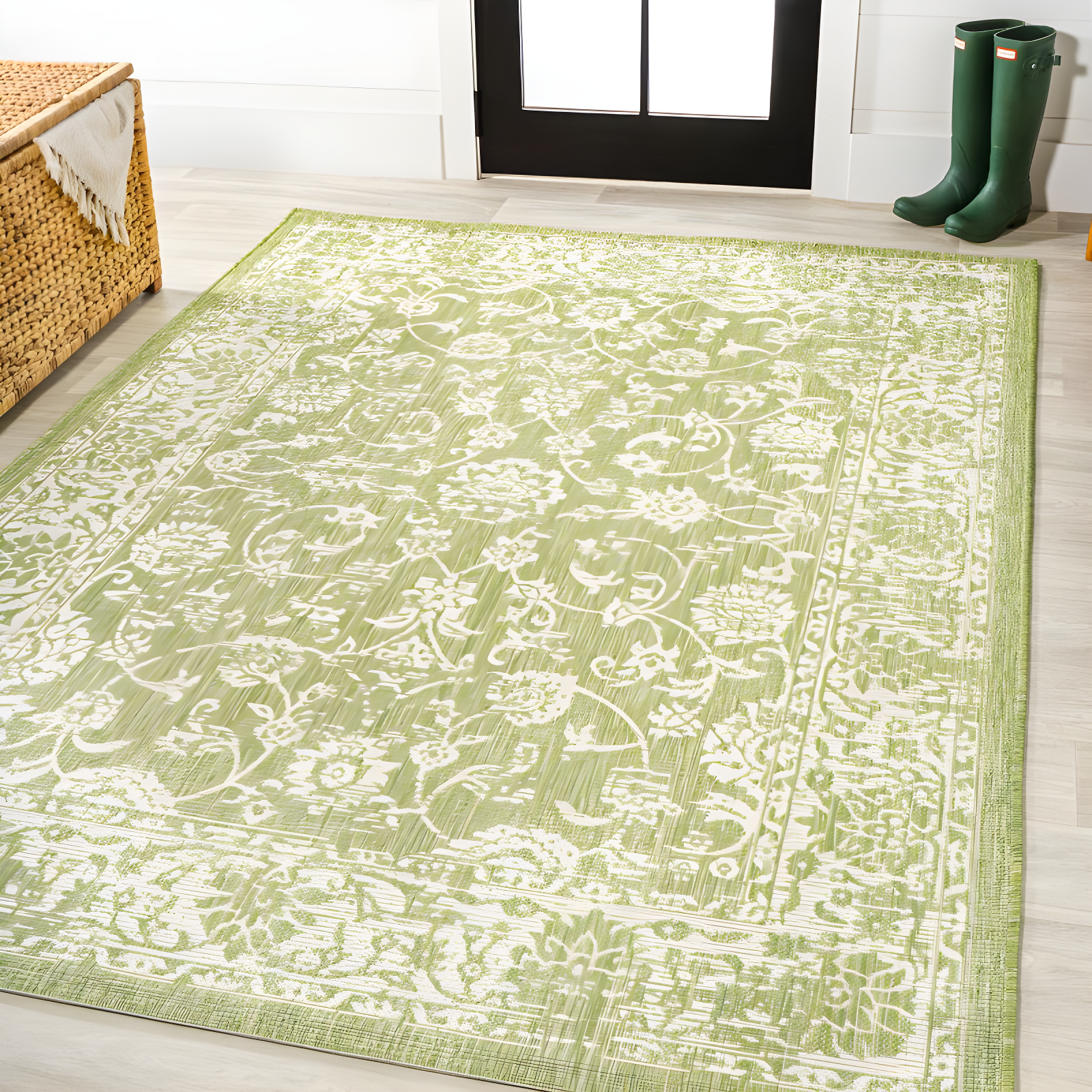 4' x 6' Tela Bohemian Styled Textured Weave Floral Indoor/Outdoor Area Rug, Green/Cream - JONATHAN Y