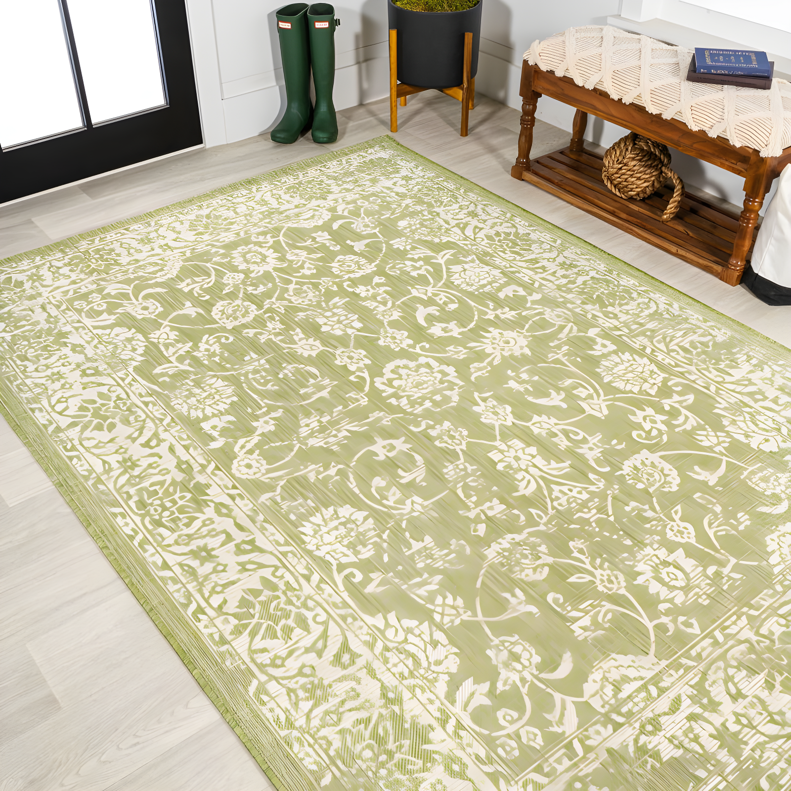 4' x 6' Tela Bohemian Styled Textured Weave Floral Indoor/Outdoor Area Rug, Green/Cream - JONATHAN Y