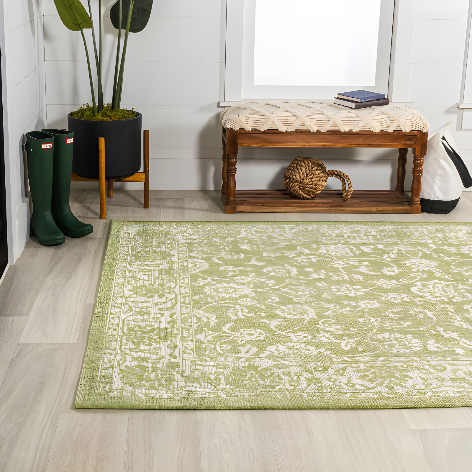 4' x 6' Tela Bohemian Styled Textured Weave Floral Indoor/Outdoor Area Rug, Green/Cream - JONATHAN Y