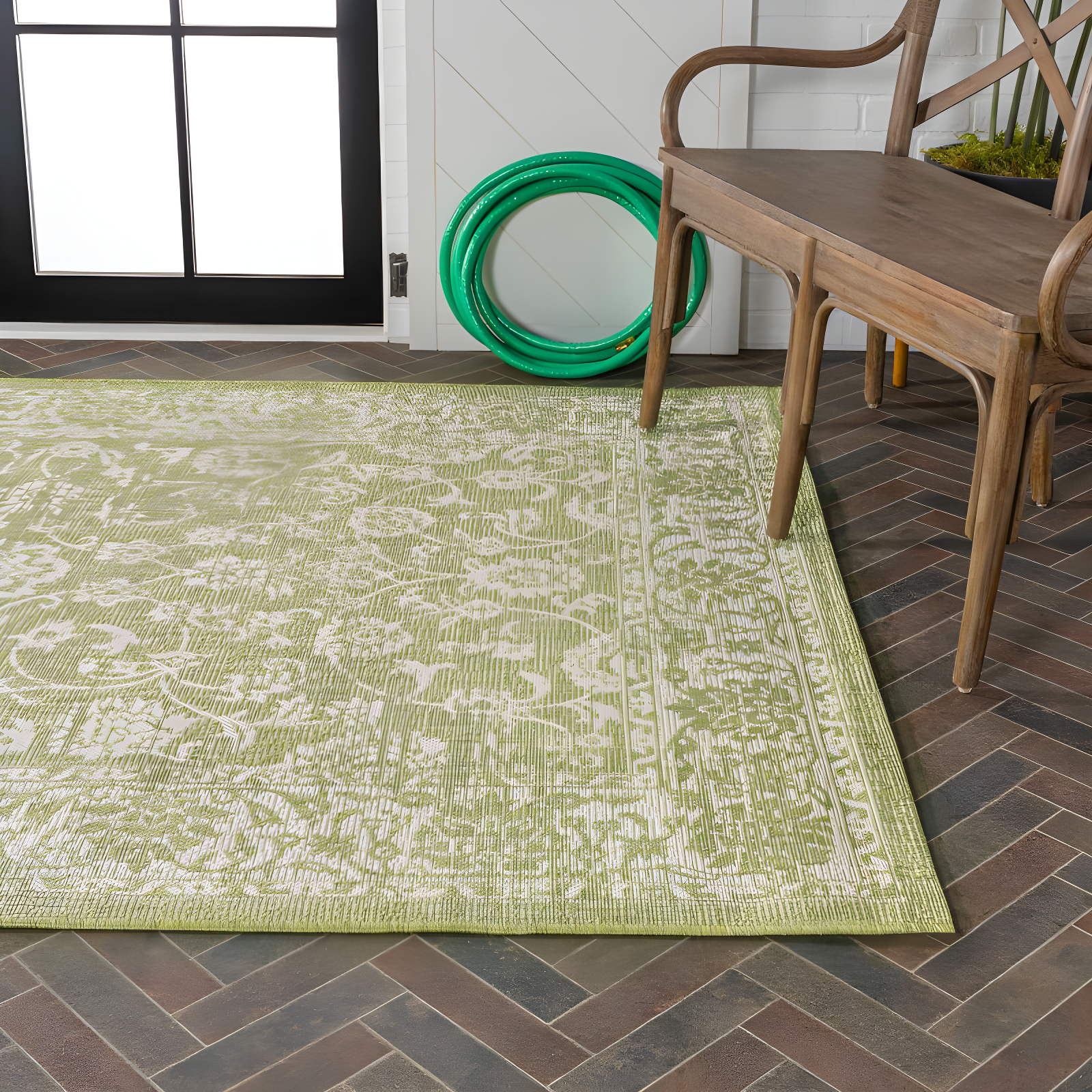 4' x 6' Tela Bohemian Styled Textured Weave Floral Indoor/Outdoor Area Rug, Green/Cream - JONATHAN Y