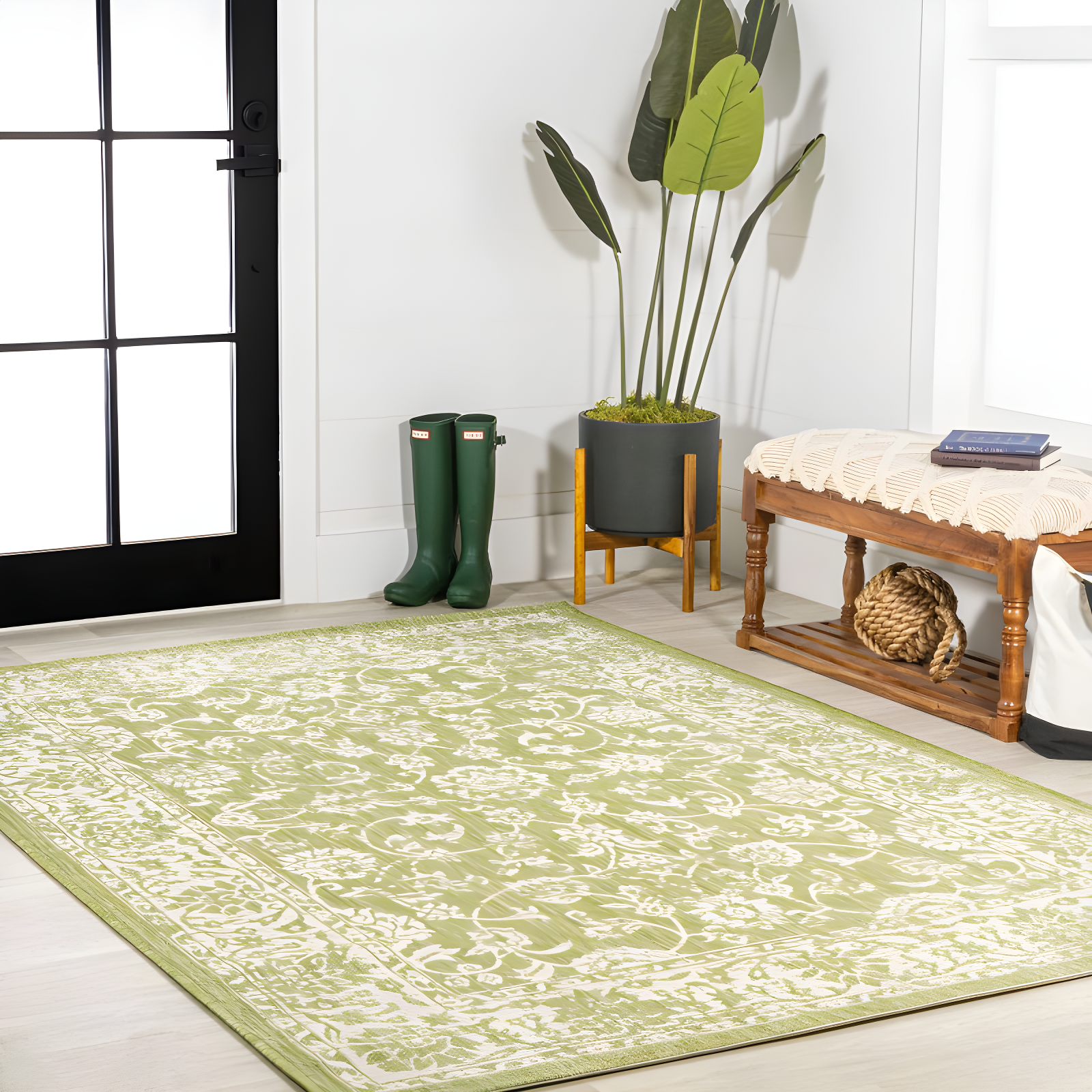 4' x 6' Tela Bohemian Styled Textured Weave Floral Indoor/Outdoor Area Rug, Green/Cream - JONATHAN Y