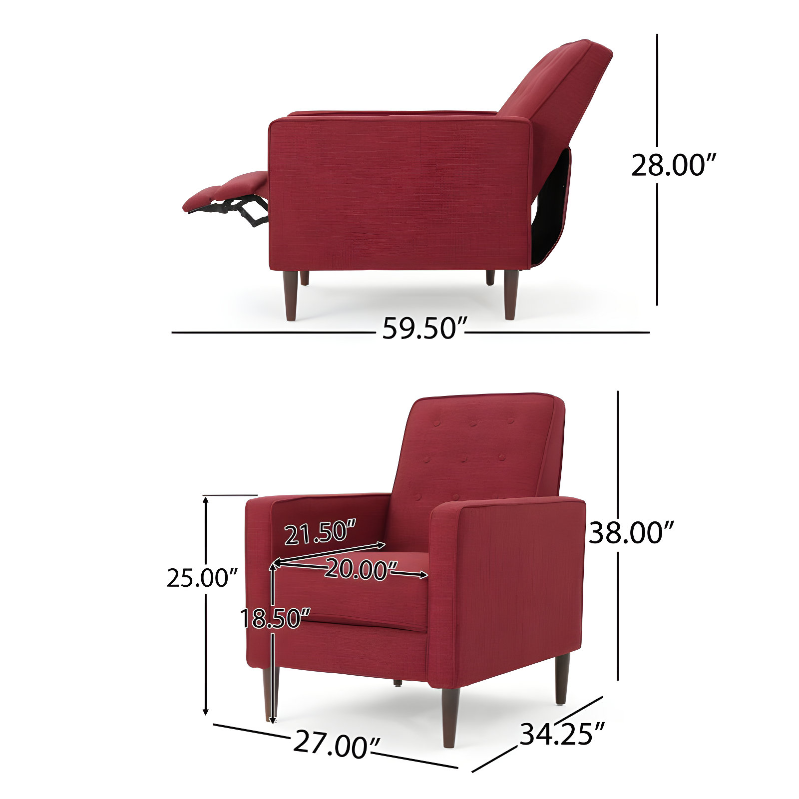 Mervynn Mid-Century Recliner - Modern Red - Christopher Knight Home: Upholstered Polyester, Hardwood Frame, 250lb Capacity