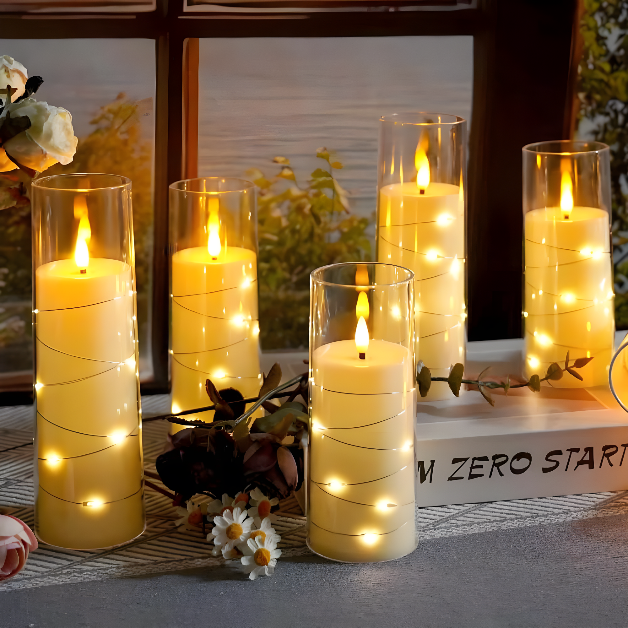 Raycare Flameless LED Candles with Embedded Star String, 9 Pcs Battery Operated Acrylic Pillar Candles with Timer and Remote, Flickering for Romantic Ambiance and Home Decoration (White)