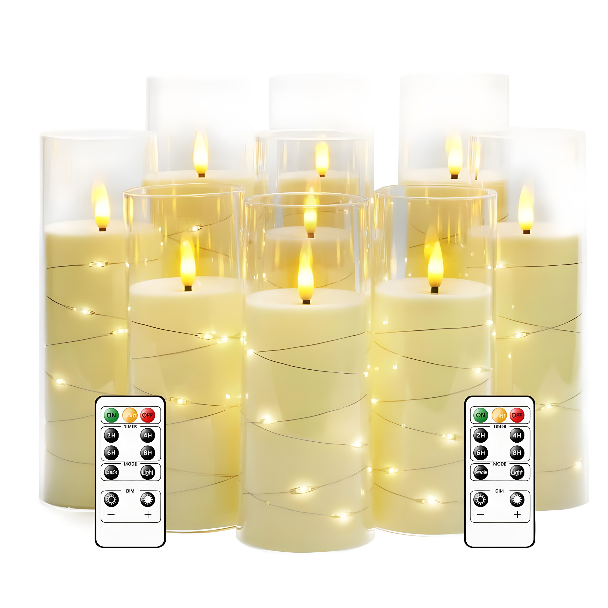 Raycare Flameless LED Candles with Embedded Star String, 9 Pcs Battery Operated Acrylic Pillar Candles with Timer and Remote, Flickering for Romantic Ambiance and Home Decoration (White)