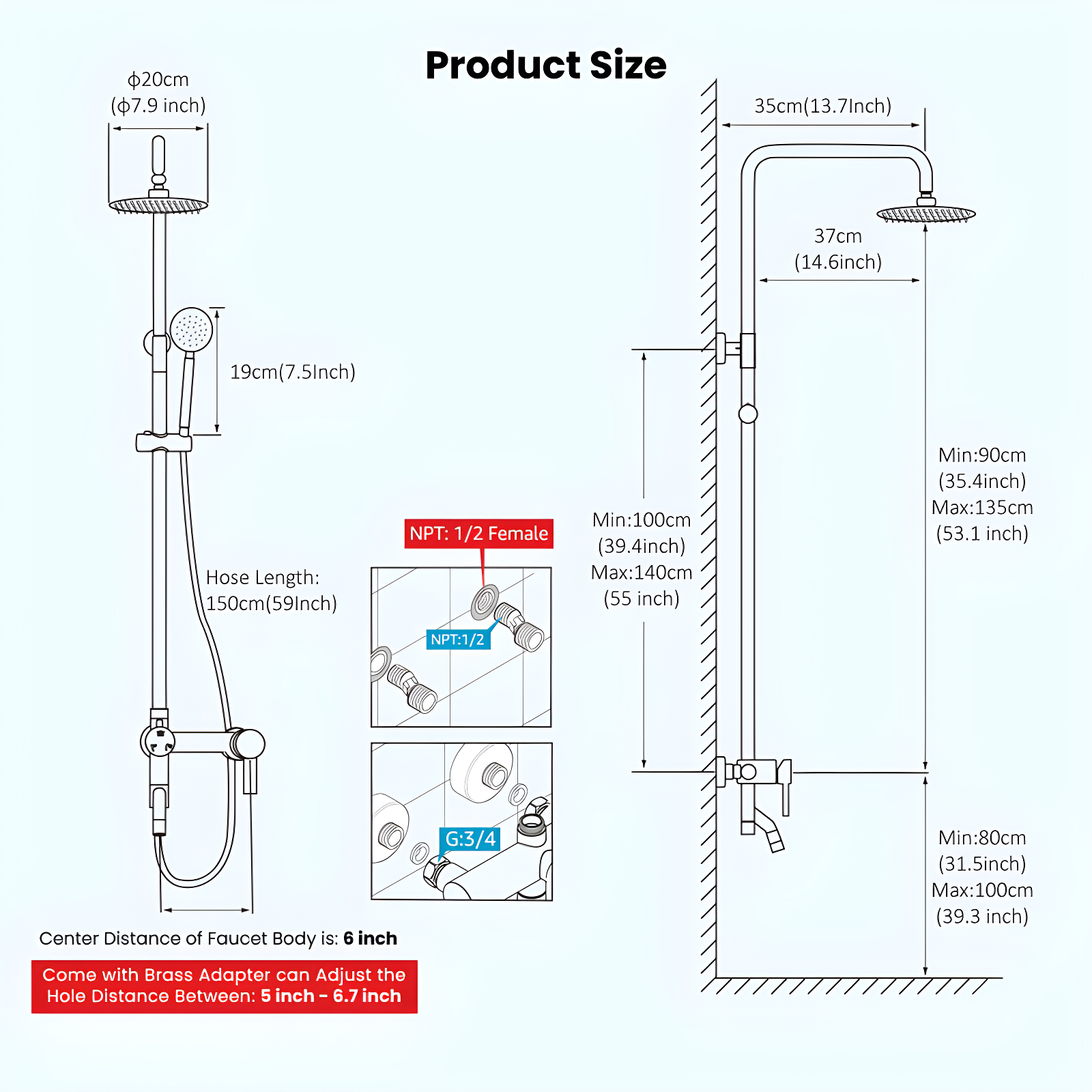 FUNDUXA Stainless Steel Wall Mounted Outdoor Shower with Detachable Shower Head