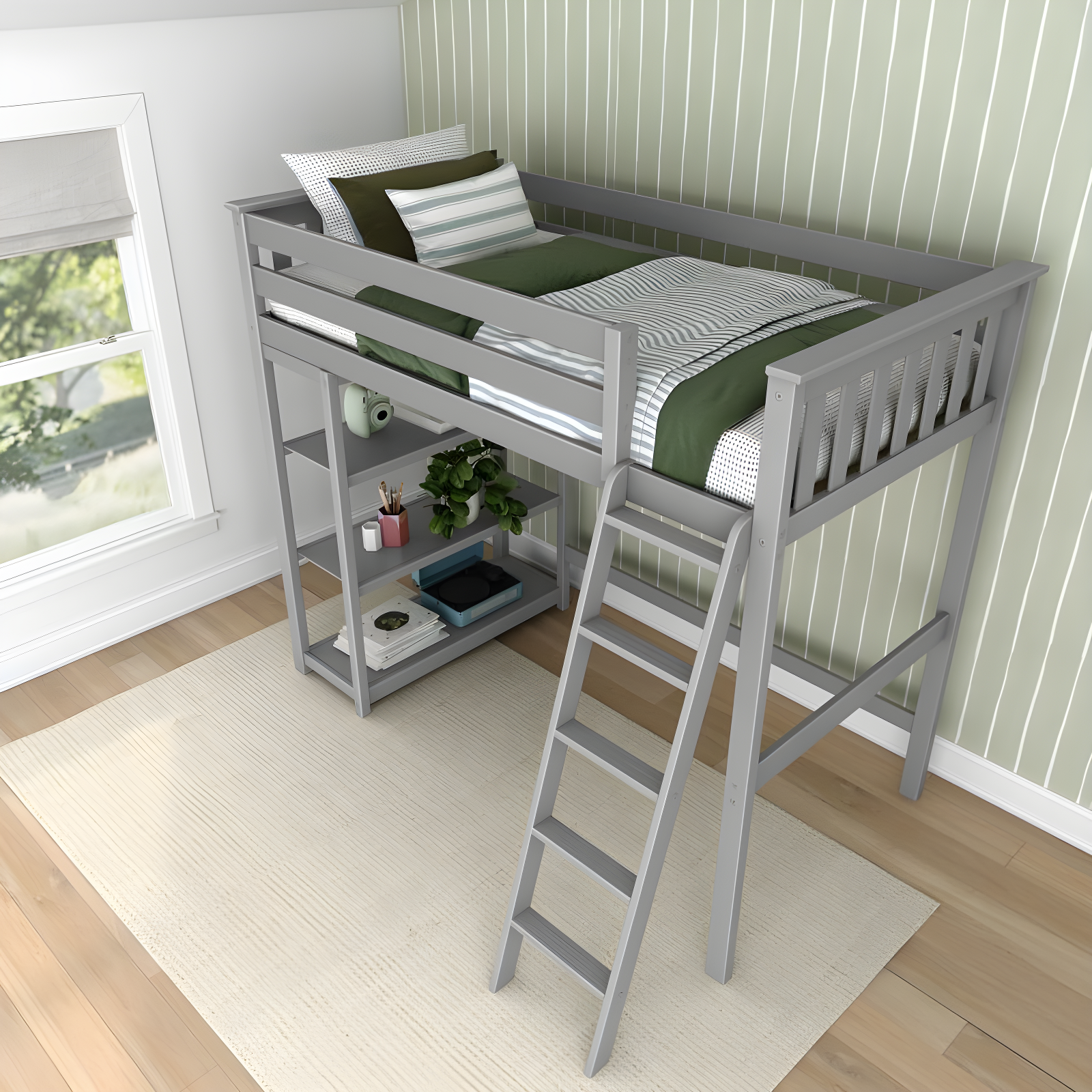 Max & Lily Solid Wood High Loft Bed,Twin Bed Frame For Kids With Bookcase and Ladder, Grey