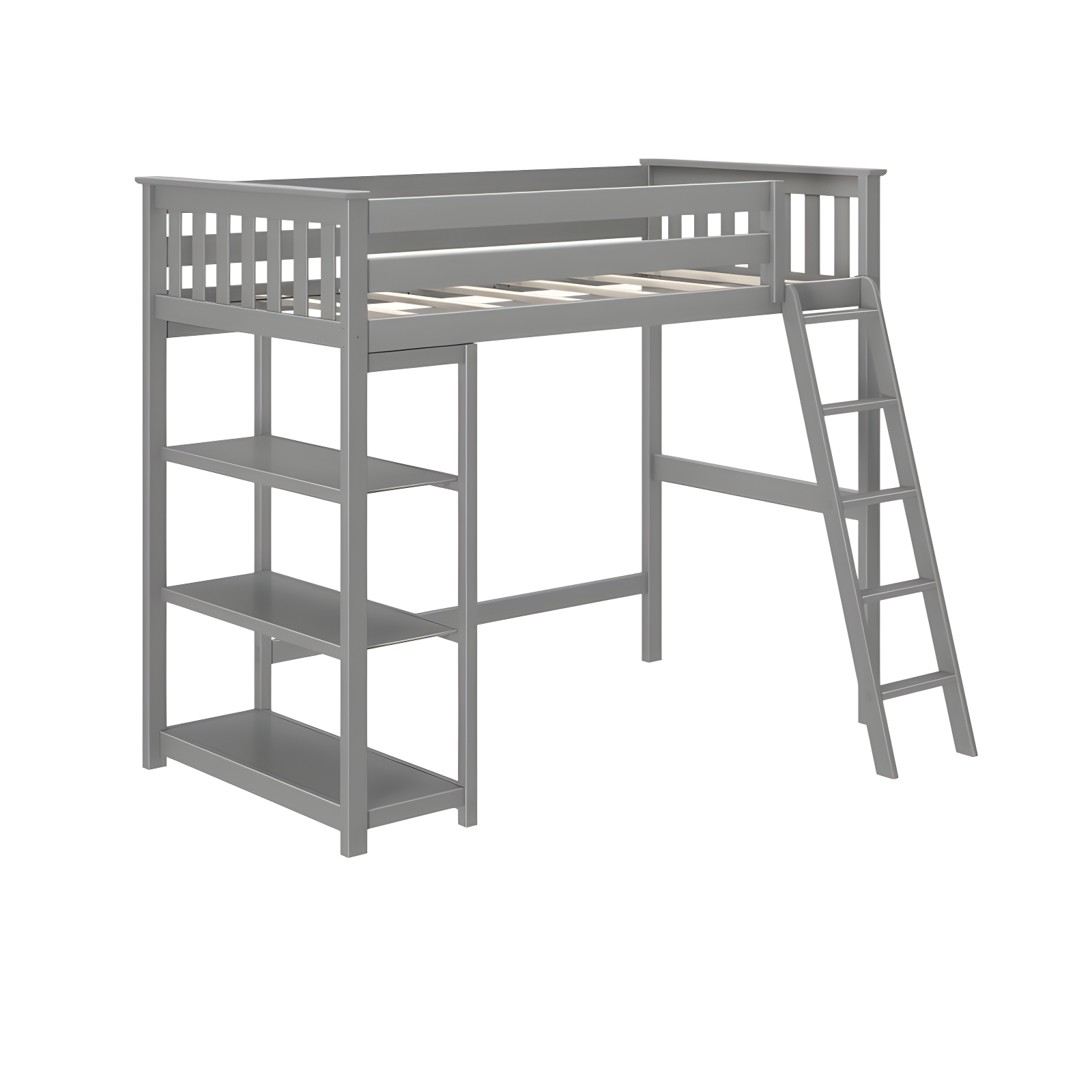 Max & Lily Solid Wood High Loft Bed,Twin Bed Frame For Kids With Bookcase and Ladder, Grey
