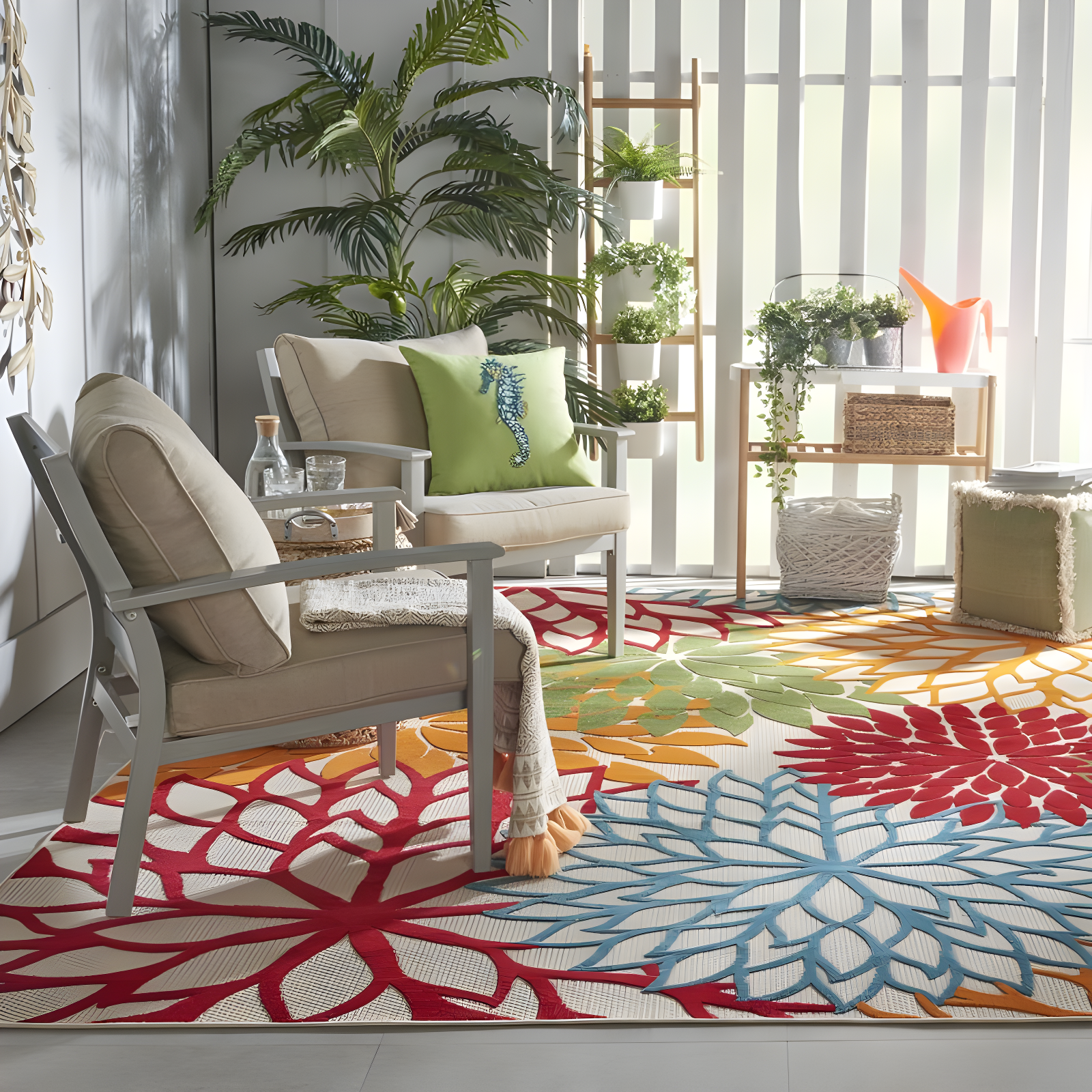 Nourison Aloha Floral Bloom Flatweave High-Low Indoor Outdoor Area Rug Green 7'10" x 10'6"