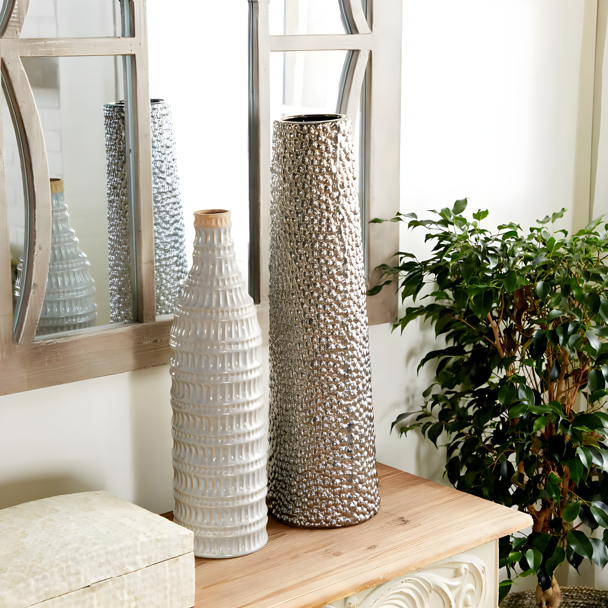 DecMode 25" Silver Ceramic Vase with Bubble Texture