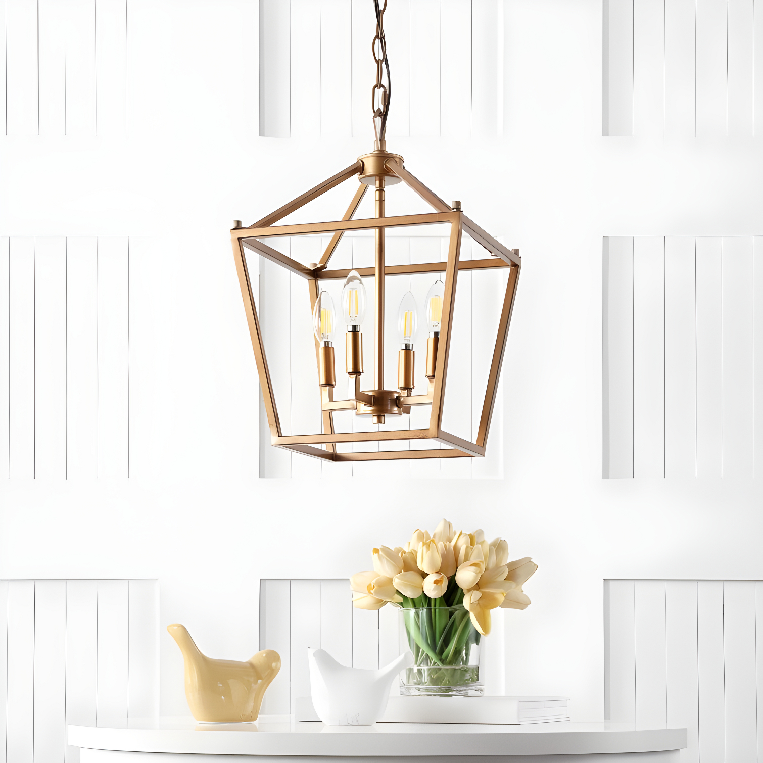 Pagoda 12" 4-Bulb Lantern Metal LED Pendant, Antique Gold
