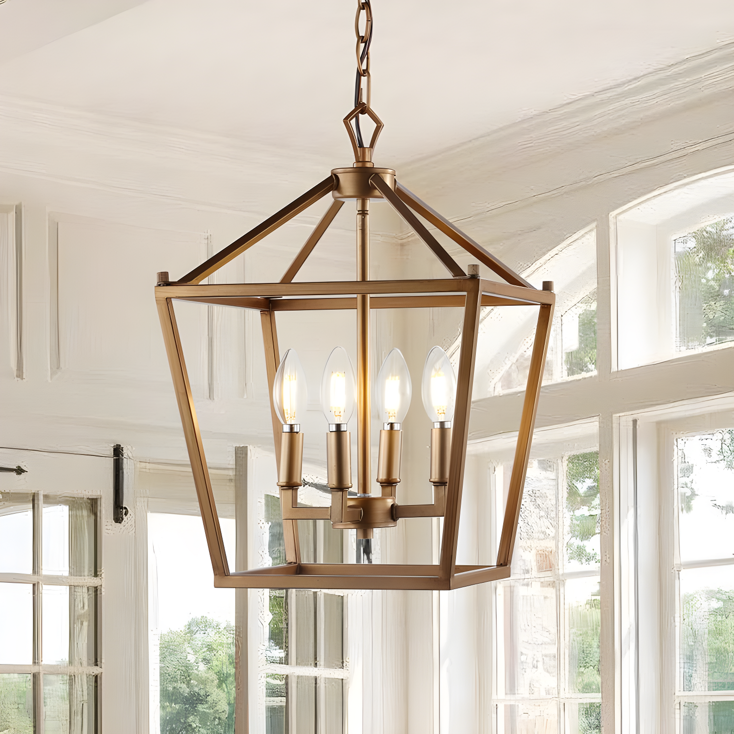 Pagoda 12" 4-Bulb Lantern Metal LED Pendant, Antique Gold