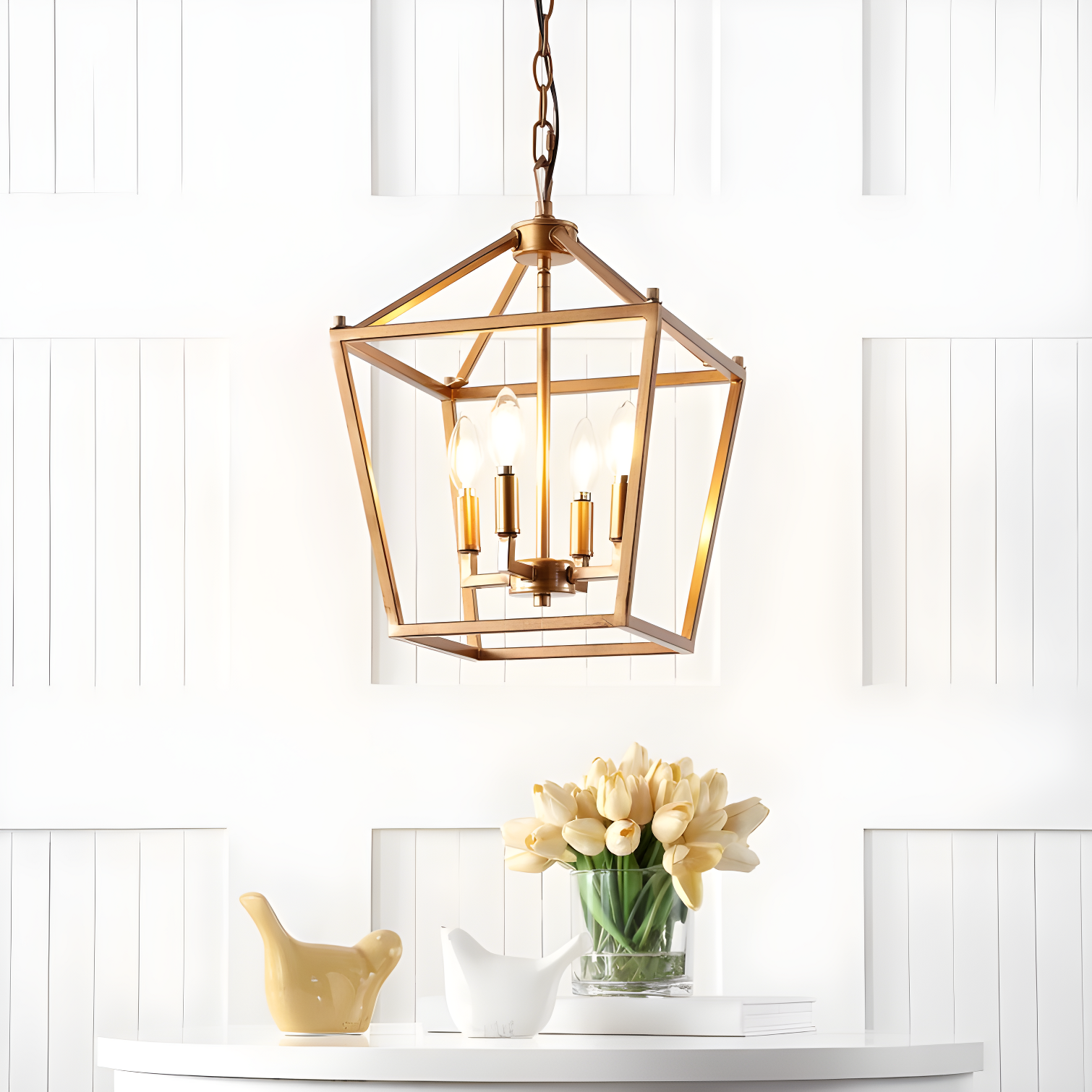 Pagoda 12" 4-Bulb Lantern Metal LED Pendant, Antique Gold