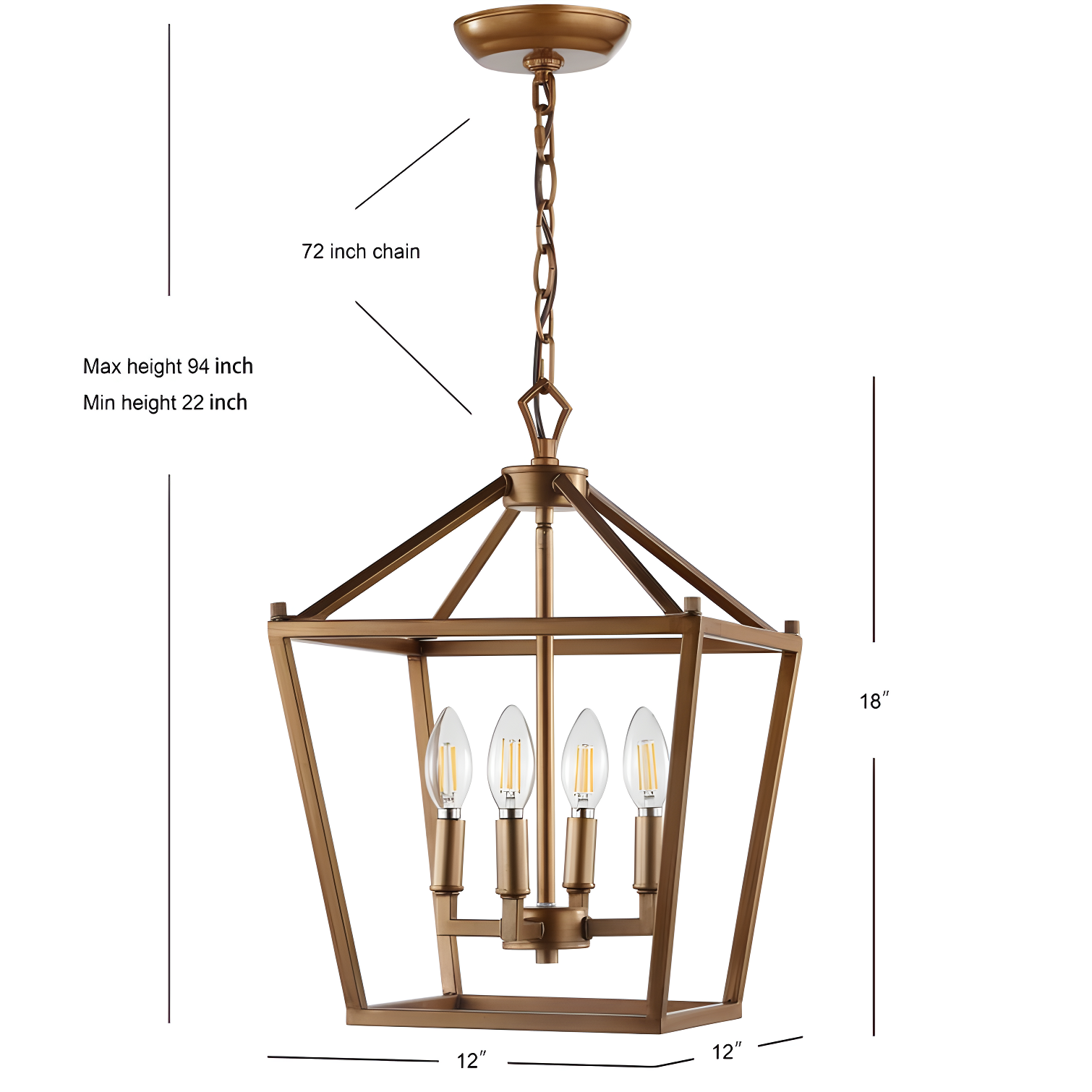 Pagoda 12" 4-Bulb Lantern Metal LED Pendant, Antique Gold