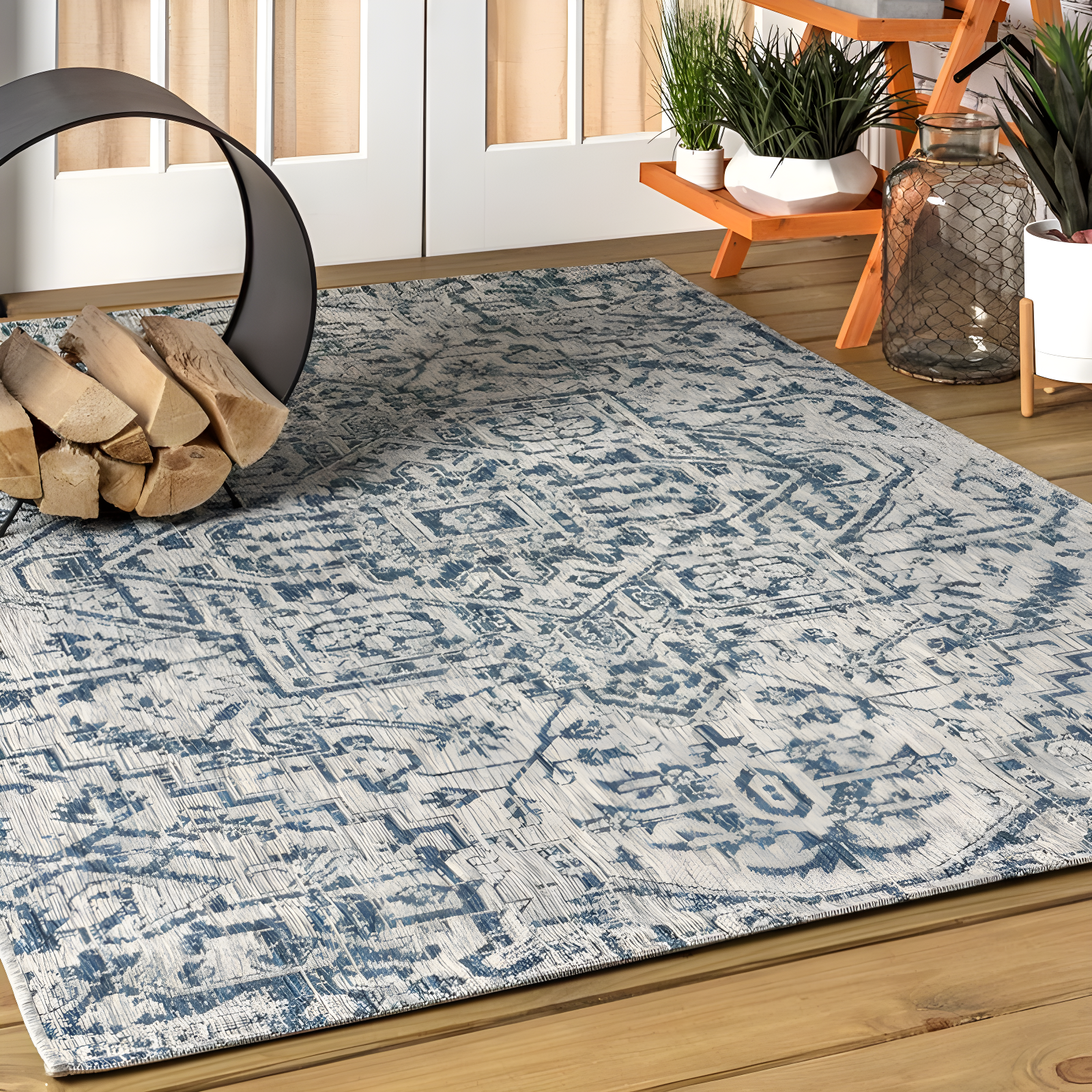 4'x6' Estrella Bohemian Medallion Textured Weave Indoor/Outdoor Area Rug, Navy/Gray - JONATHAN Y