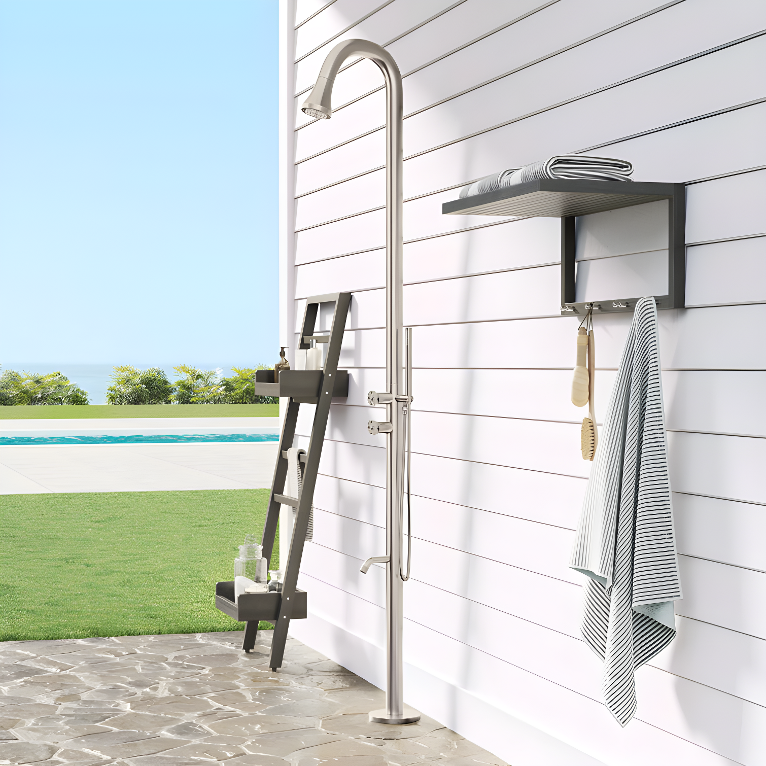 Kirwin Outdoor Retrofit Shower with Shower Head, Hand Shower, and Hose