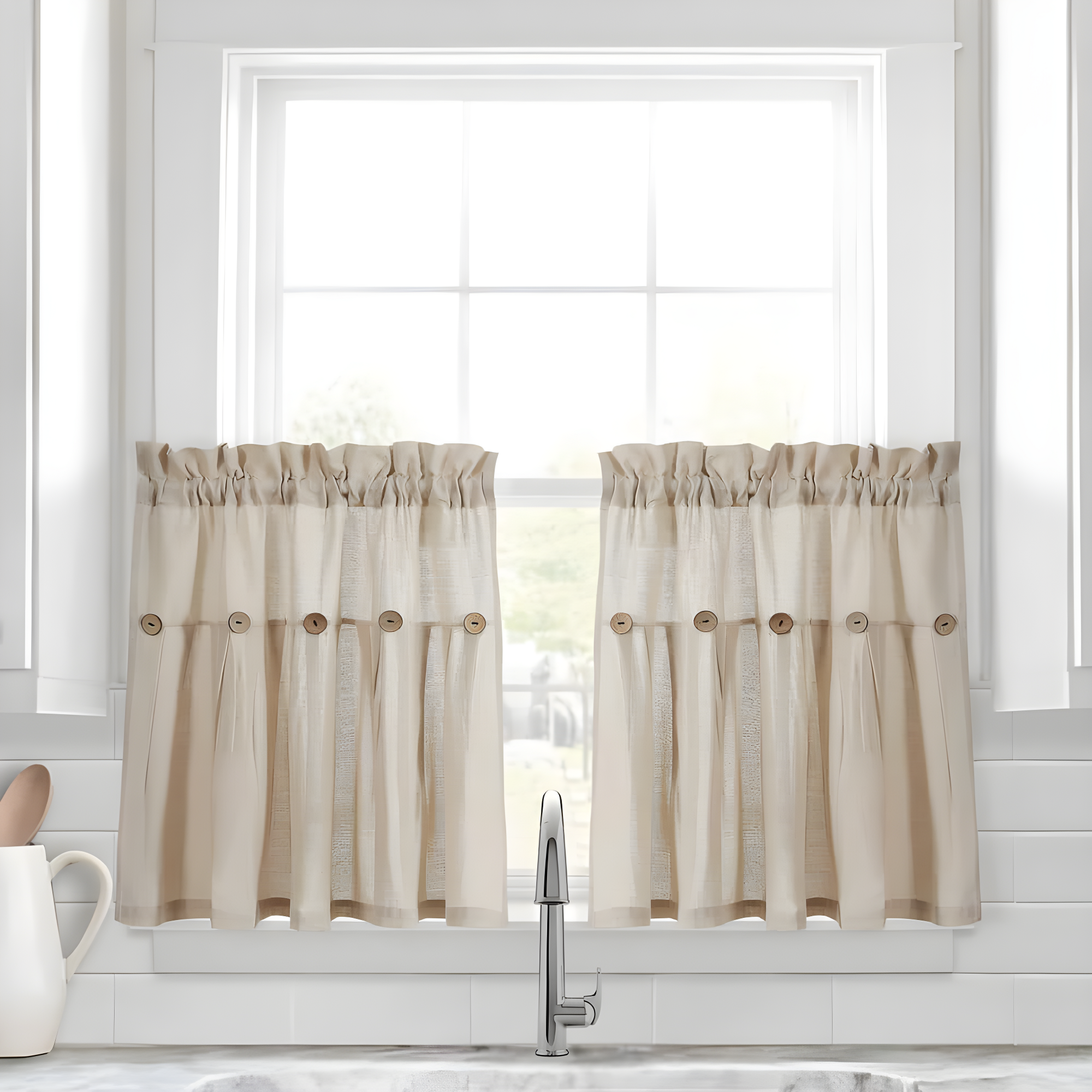 Lush Decor Linen Button Cotton Blend Tailored 29'' W Cafe Curtain (Set of 2)