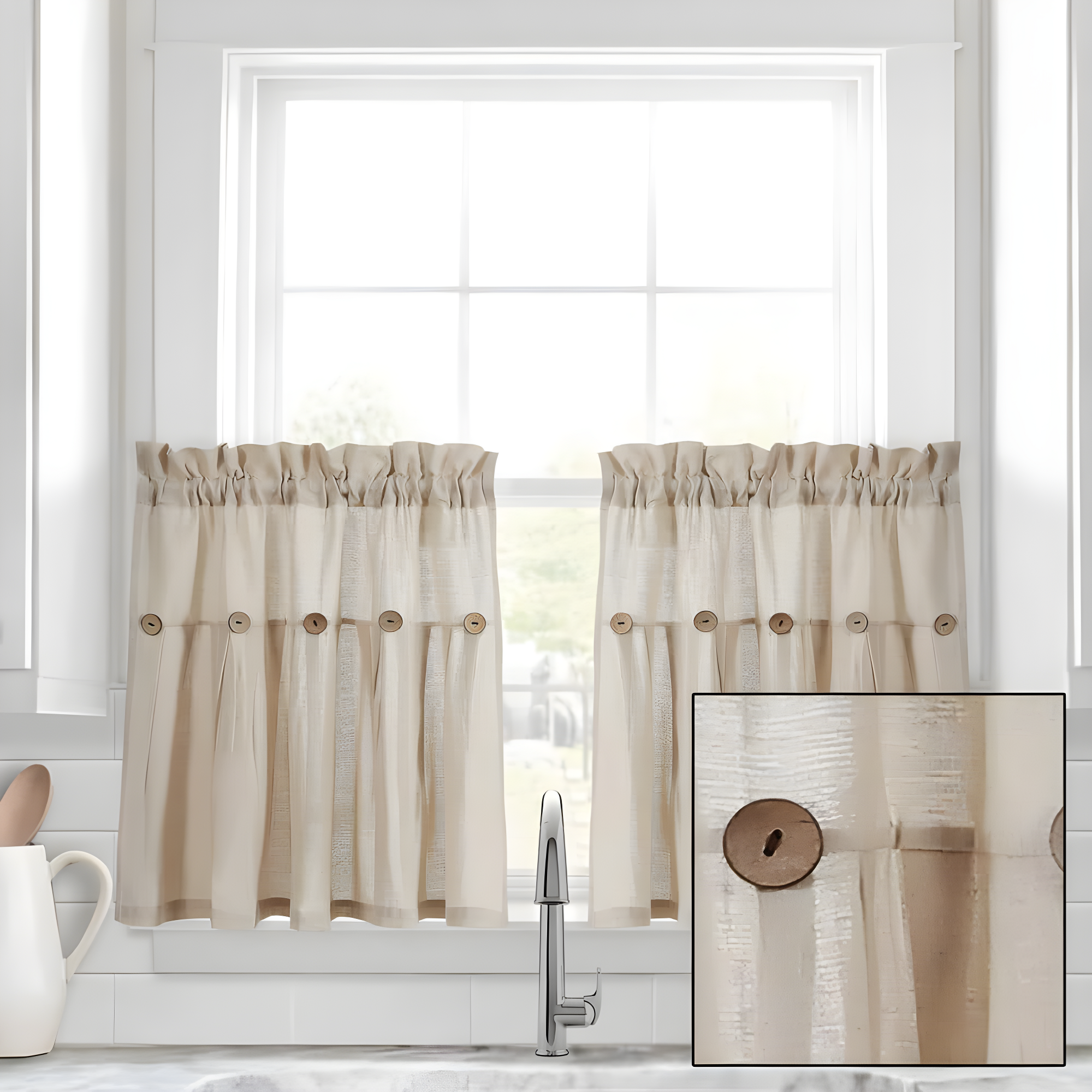 Lush Decor Linen Button Cotton Blend Tailored 29'' W Cafe Curtain (Set of 2)
