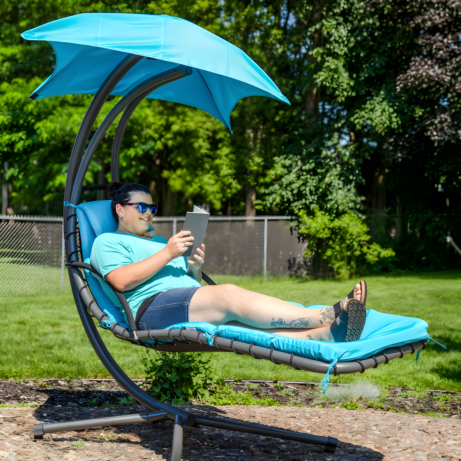 Steel Outdoor Floating Chaise Lounge Chair with Canopy with Stand
