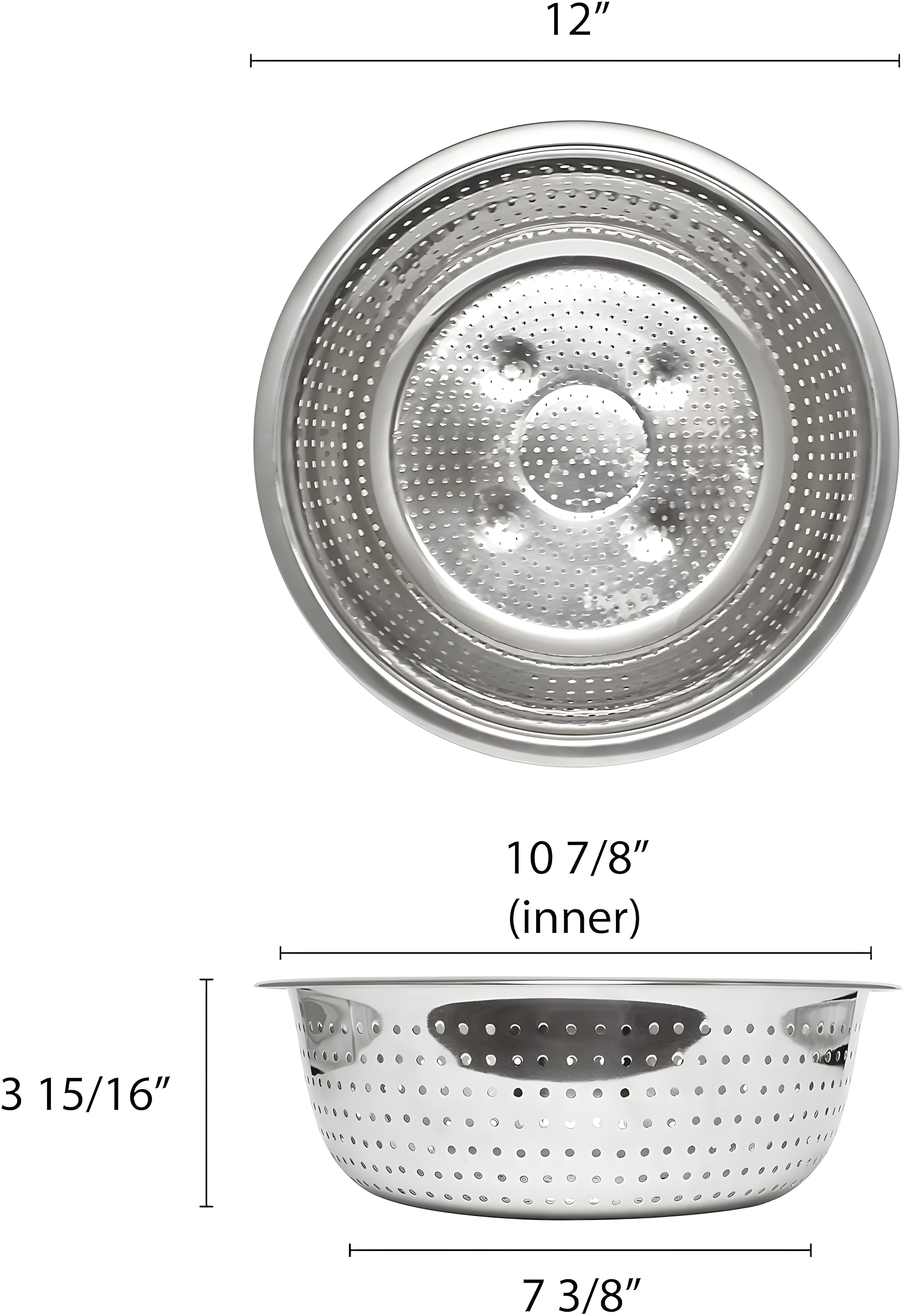 Excellante 11" stainless steel colanders with 2.0 millimeter holes, comes in each