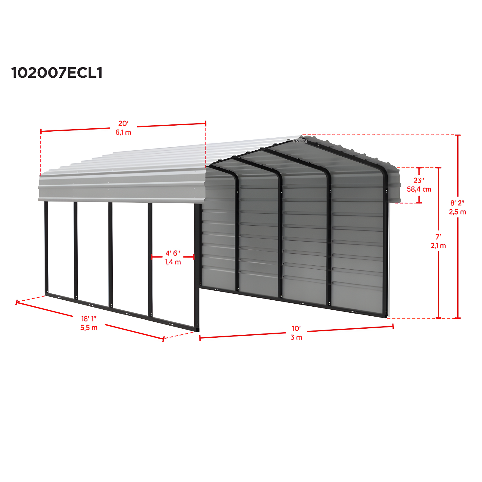 Arrow Arrow Steel Carport with 1 Side Wall Kit, 10X20X07