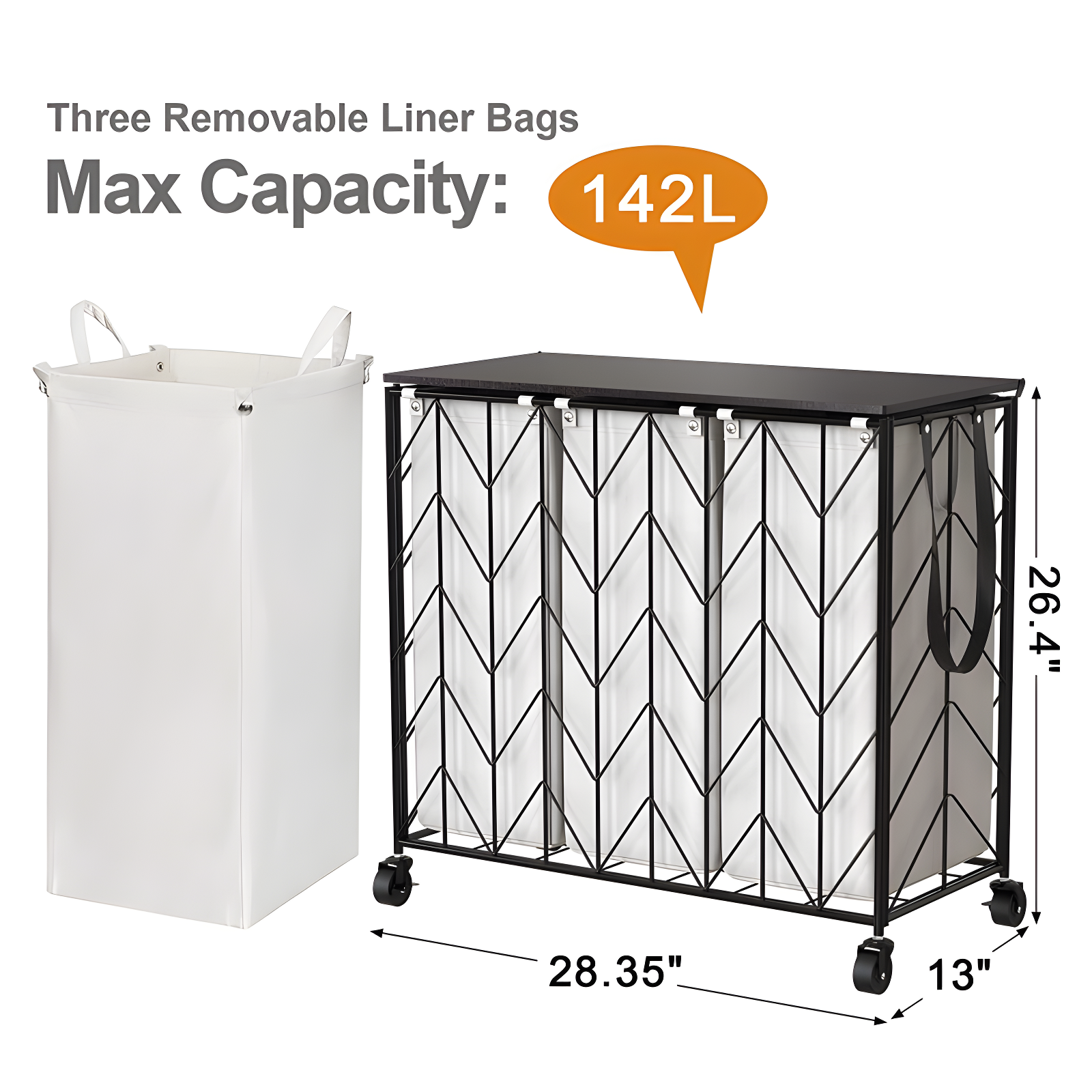 BINNBOX 142L Laundry Hamper 3 Section with Lid