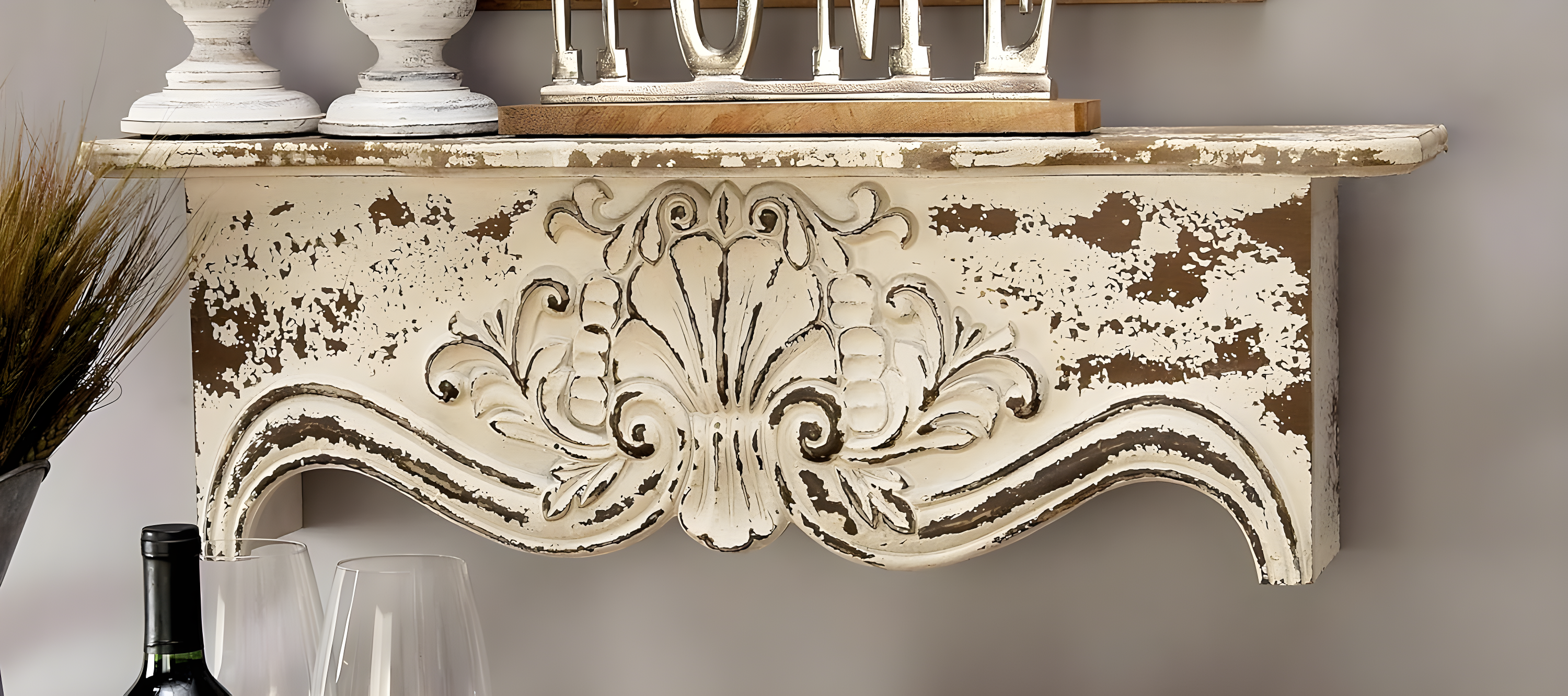 Kelly Clarkson Home Elicia White Wood Scroll Distressed 1 Shelf Room Wall Shelf