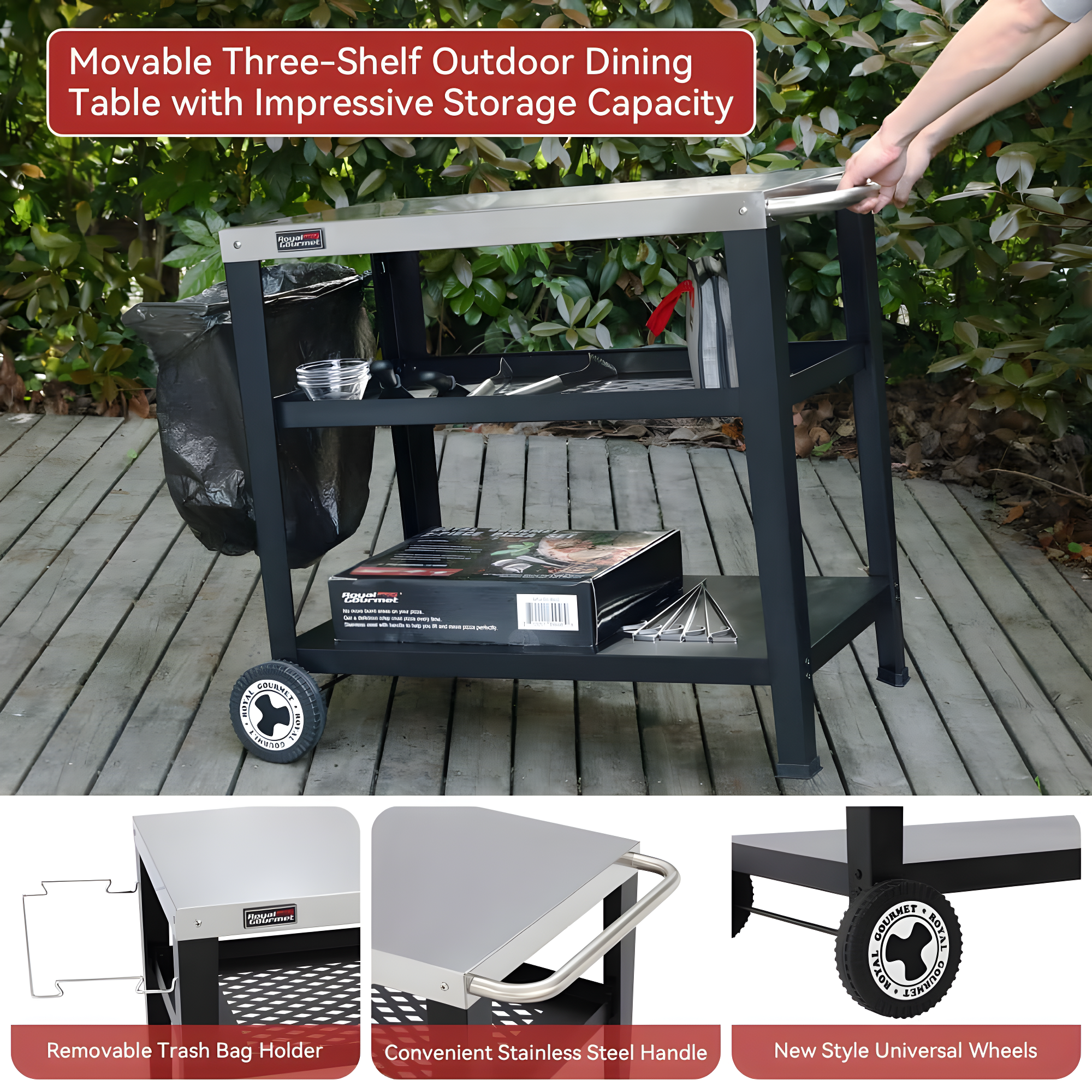 Royal Gourmet Royal Gourmet Movable 3-Shelf Grill Table with Removable Trash Bag Holder