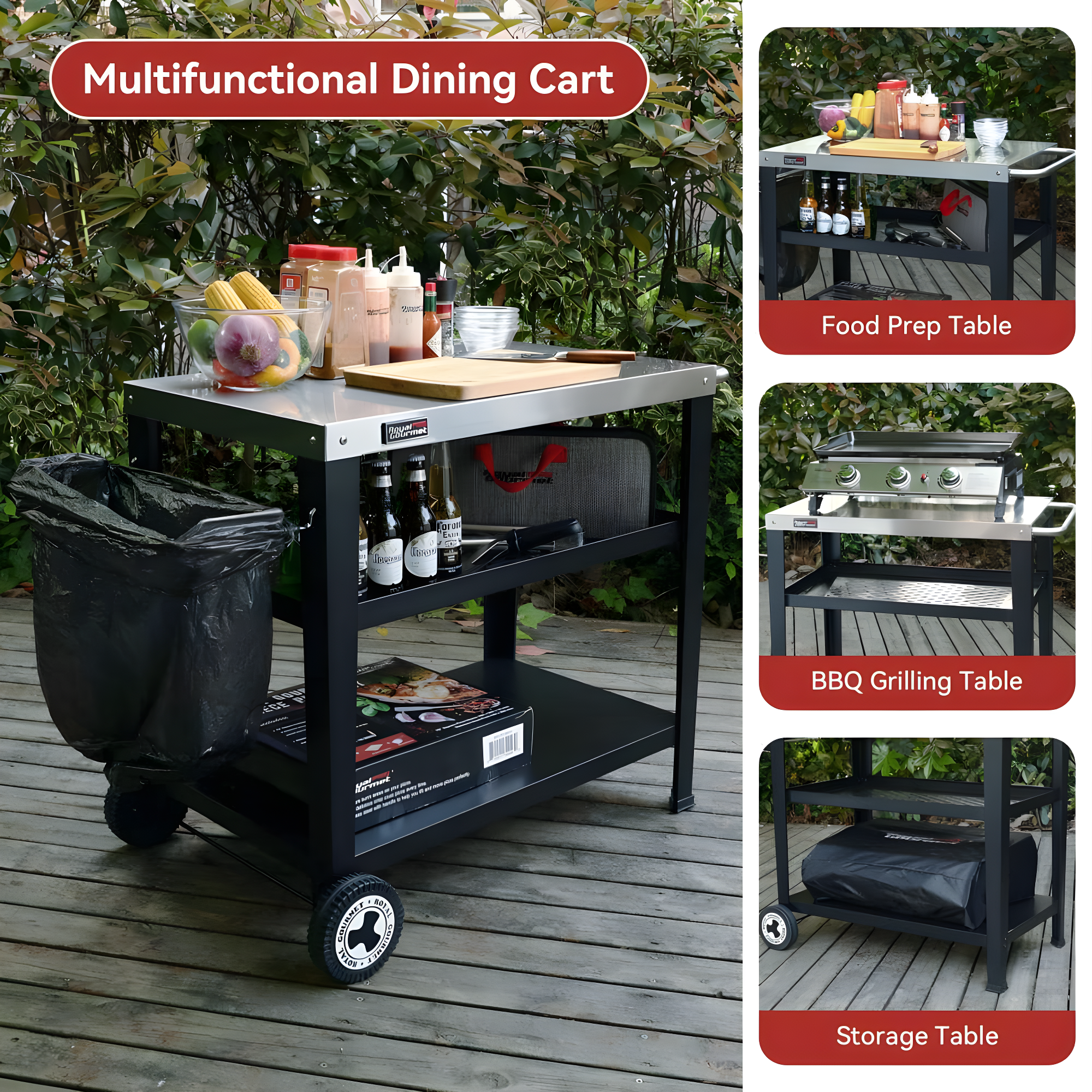 Royal Gourmet Royal Gourmet Movable 3-Shelf Grill Table with Removable Trash Bag Holder