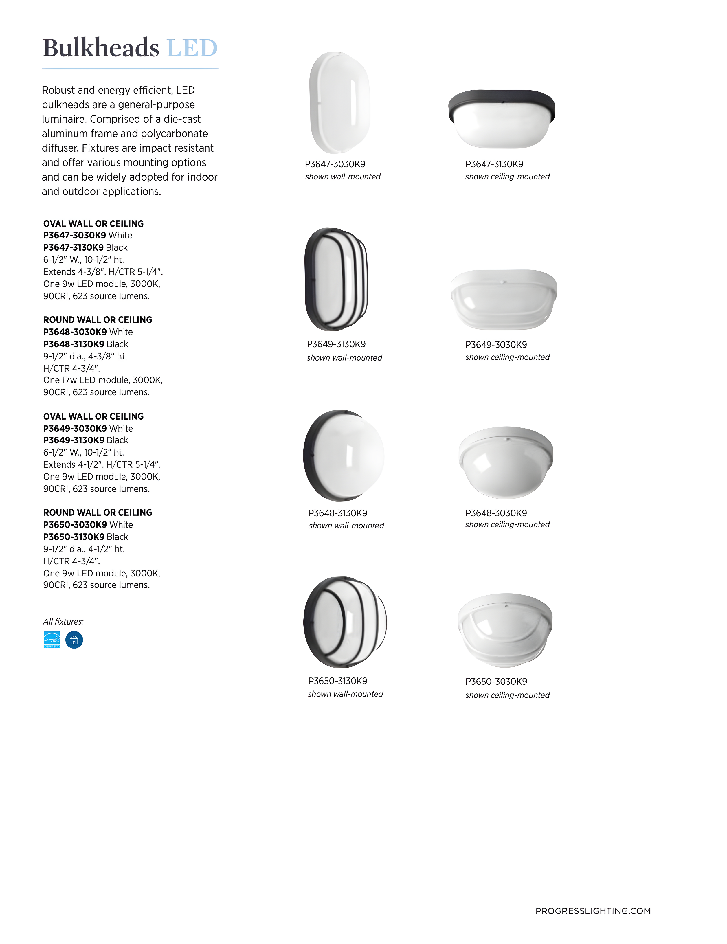 Progress Lighting, Bulkhead Collection, 1-Light Wall/Ceiling Mount, White, Cage, Polycarbonate, Wet Rated