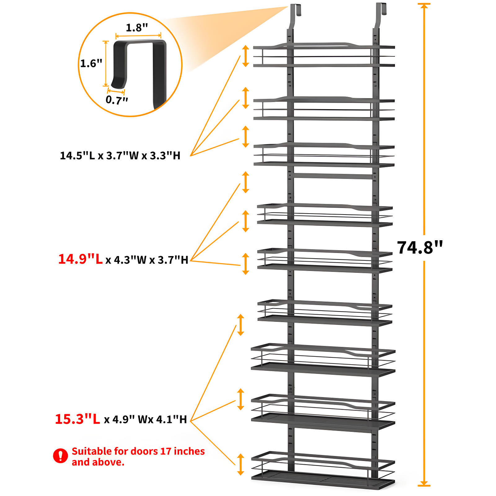Rebrilliant 9-Tier Over The Door Pantry Organizer, Black Hanging Basket Wall Spice Rack Seasoning Shelves