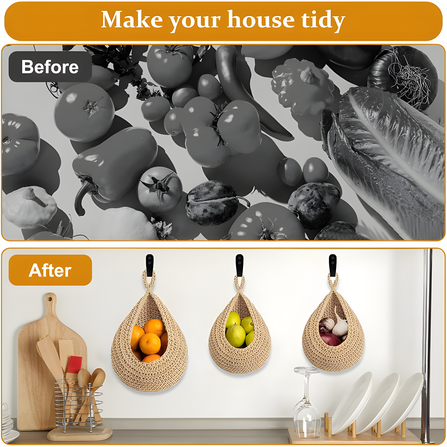 Hanging Fruit Baskets For Kitchen, 3 Pack Wall Hanging Fruit Baskets Boho Hanging Wall Basket, Hanging Kitchen Baskets For Fruits, Vegetables And Onion Storage (Set of 3)