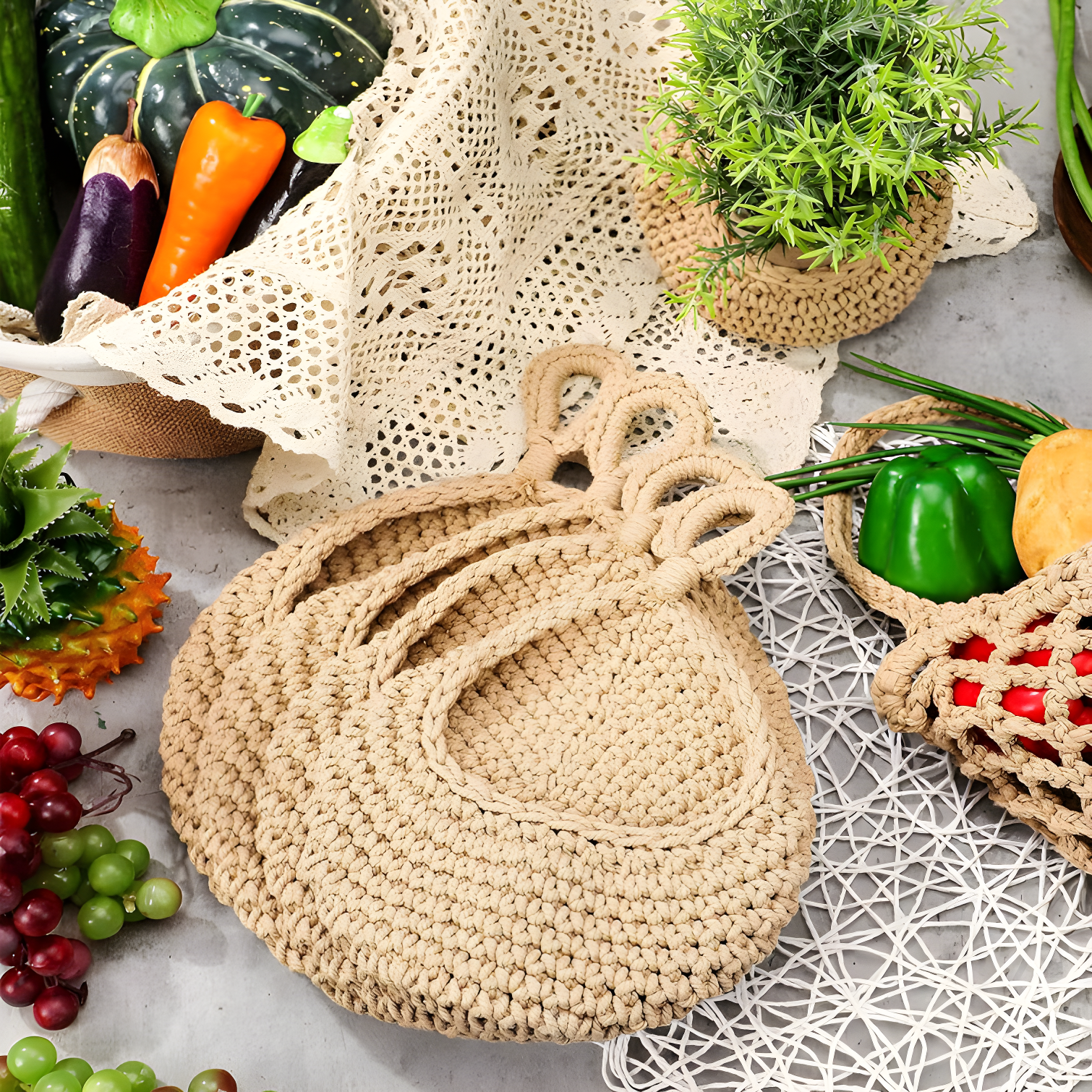 Hanging Fruit Baskets For Kitchen, 3 Pack Wall Hanging Fruit Baskets Boho Hanging Wall Basket, Hanging Kitchen Baskets For Fruits, Vegetables And Onion Storage (Set of 3)