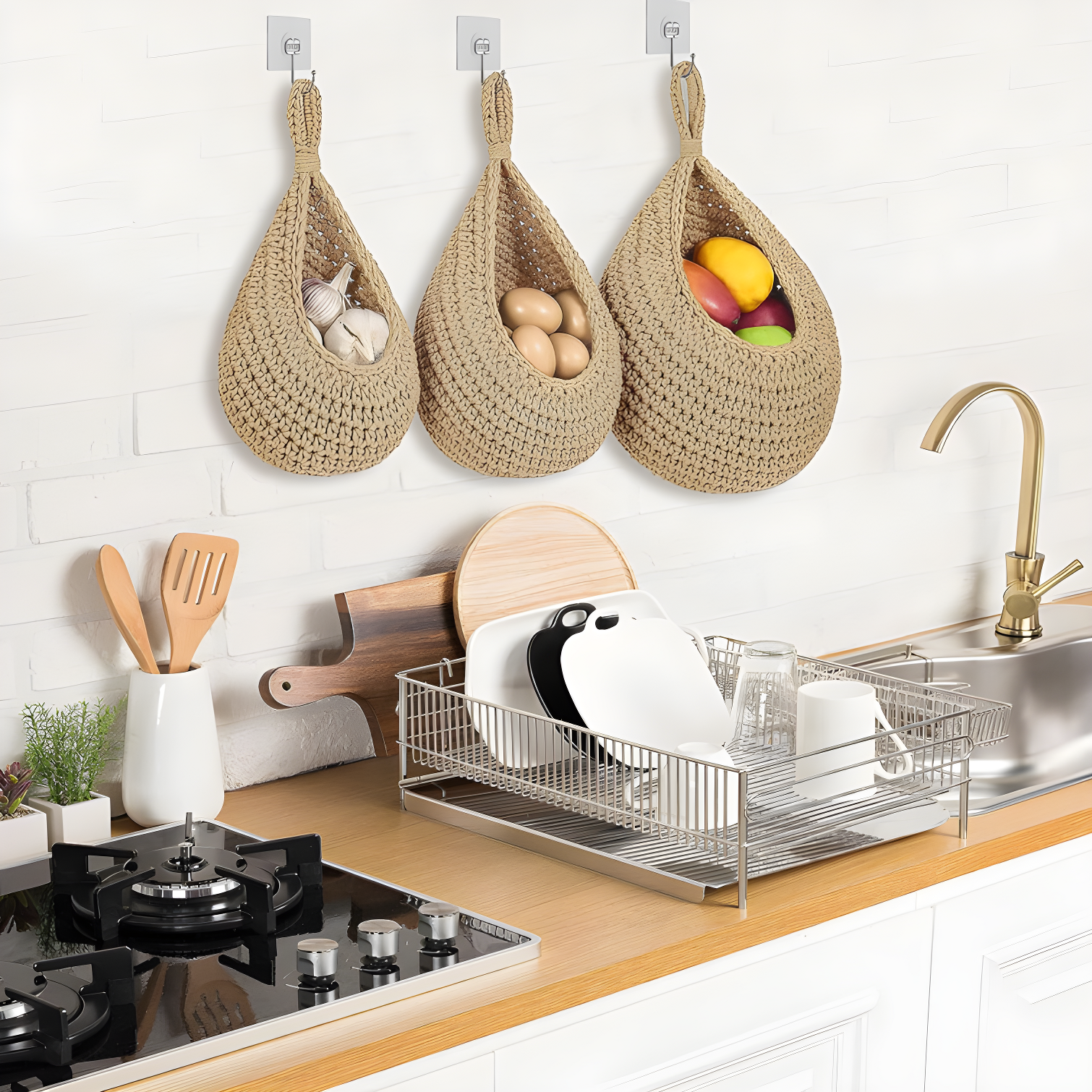 Hanging Fruit Baskets For Kitchen, 3 Pack Wall Hanging Fruit Baskets Boho Hanging Wall Basket, Hanging Kitchen Baskets For Fruits, Vegetables And Onion Storage (Set of 3)