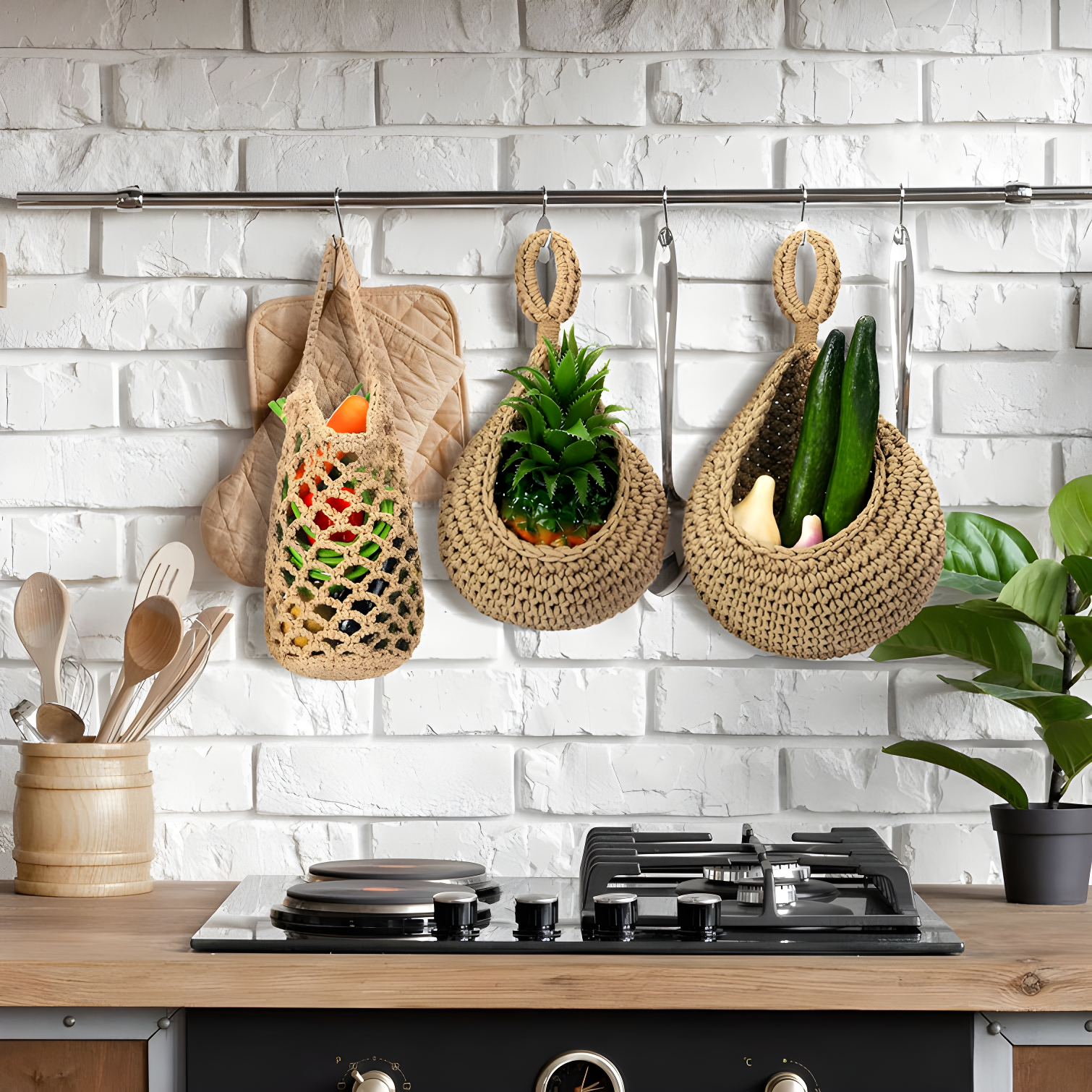 Hanging Fruit Baskets For Kitchen, 3 Pack Wall Hanging Fruit Baskets Boho Hanging Wall Basket, Hanging Kitchen Baskets For Fruits, Vegetables And Onion Storage (Set of 3)