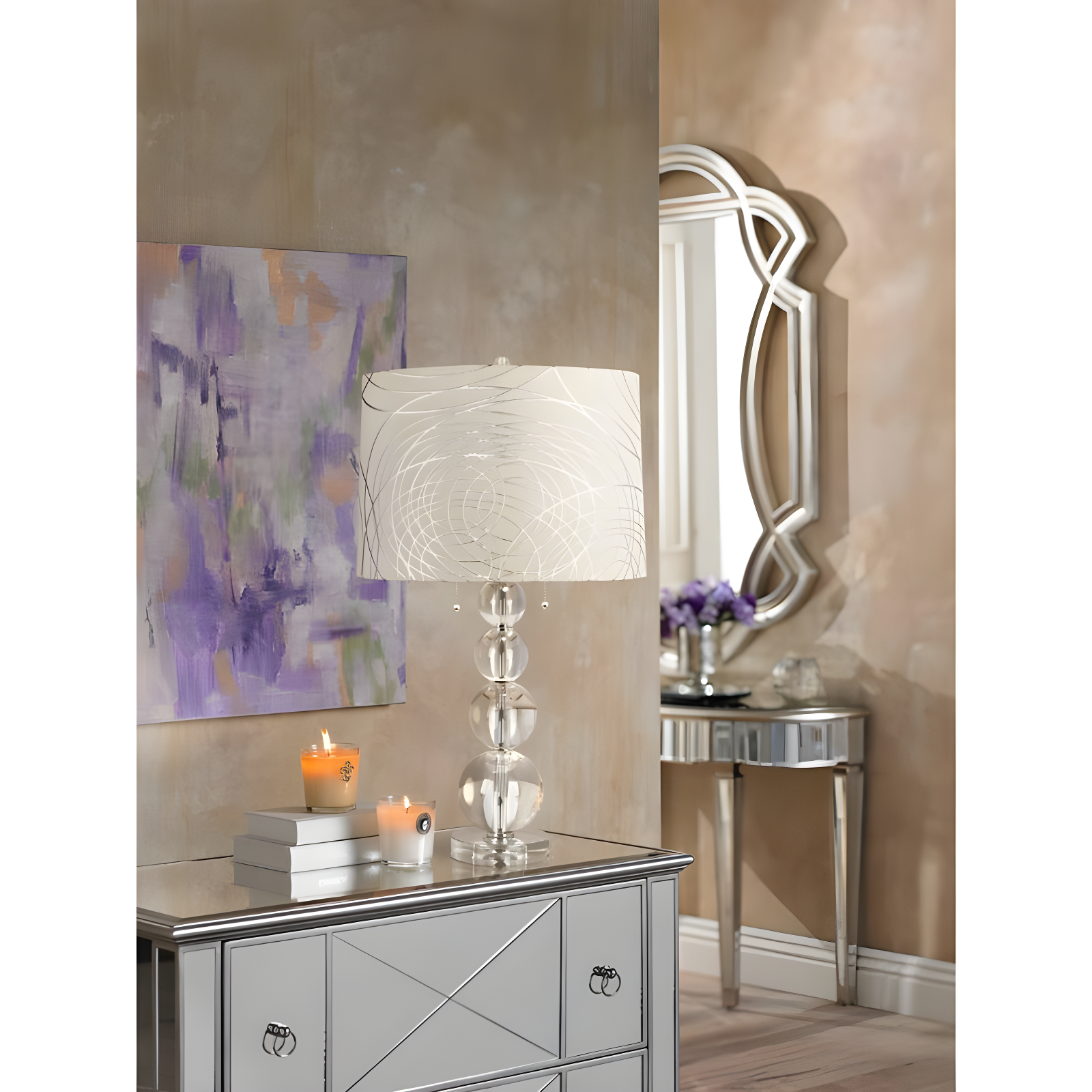 Springcrest Cream with Silver Circles Medium Drum Lamp Shade 15" Top x 16" Bottom x 11" High (Spider) Replacement with Harp and Finial