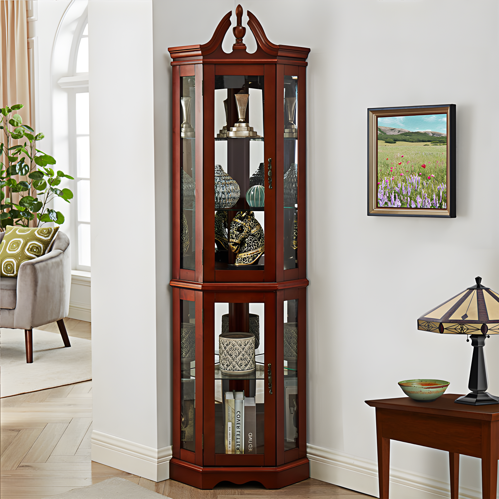 wendeway Walnut Corner Curio Cabinet With Lights,Adjustable Tempered Glass Shelves, Mirrored Back, Display Cabinet,Sideboard,Bookshelf