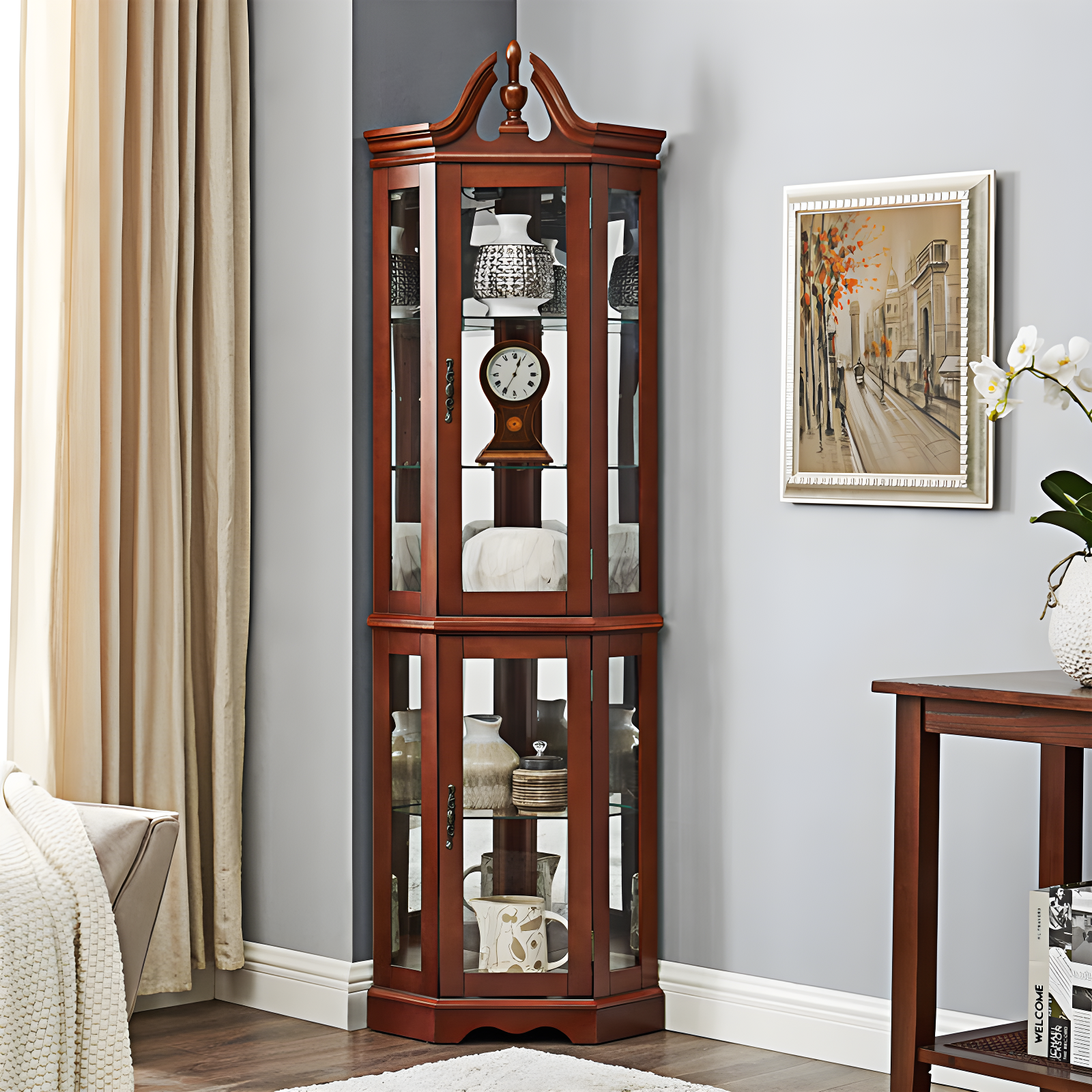 wendeway Walnut Corner Curio Cabinet With Lights,Adjustable Tempered Glass Shelves, Mirrored Back, Display Cabinet,Sideboard,Bookshelf