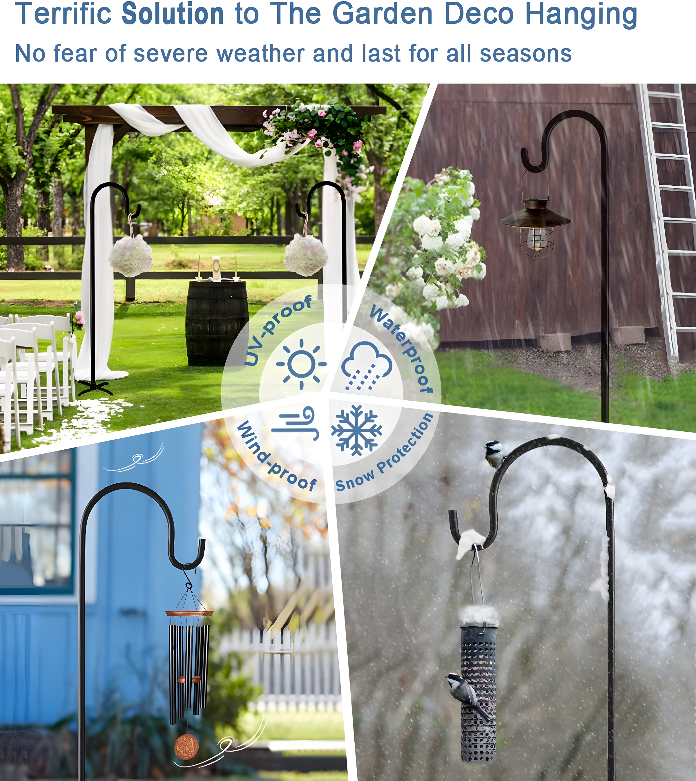 76 inch Outdoor Shepherd Hook with 5 Prong Base (2 Packs), Adjustable Heavy Duty Garden Hanging Stake for Bird Feeder Solar Light Plant Hanger Wedding Decor, Matte Black