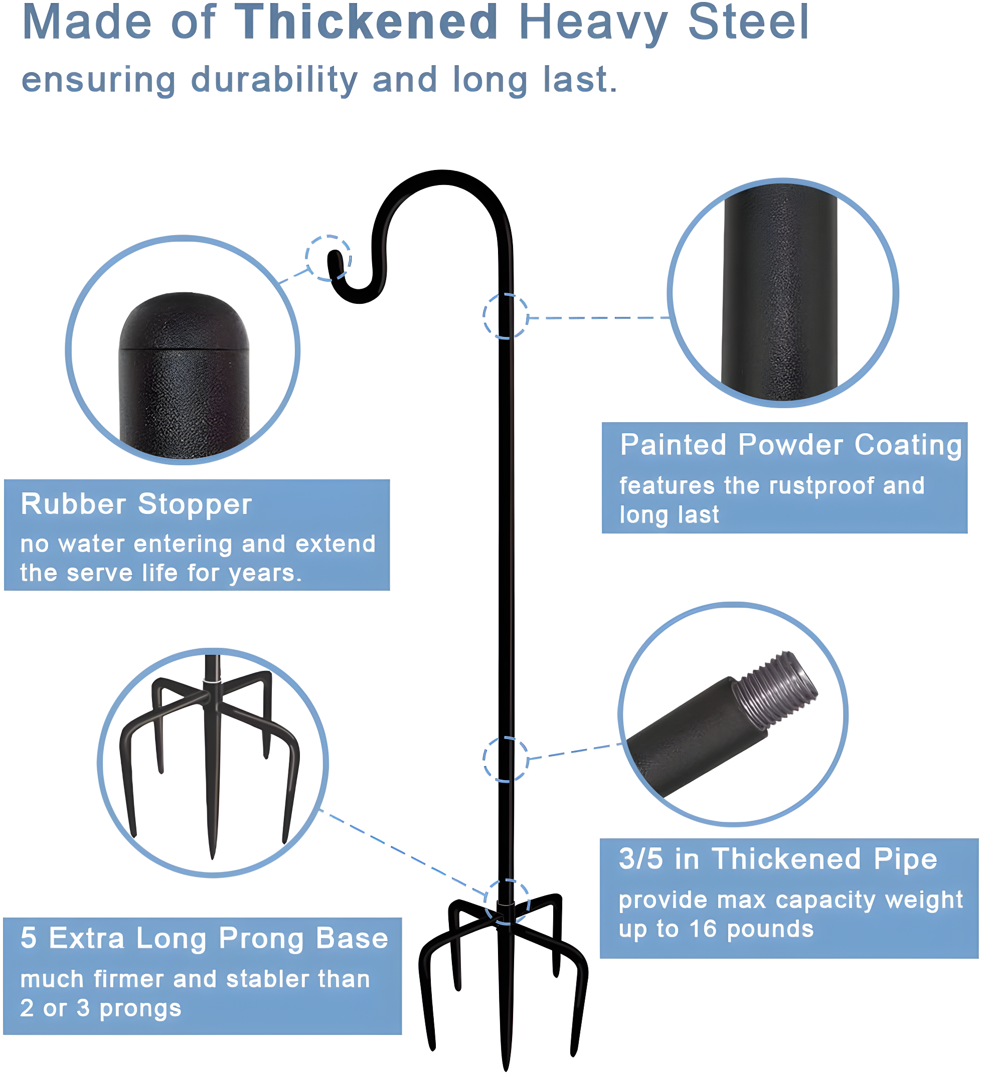 76 inch Outdoor Shepherd Hook with 5 Prong Base (2 Packs), Adjustable Heavy Duty Garden Hanging Stake for Bird Feeder Solar Light Plant Hanger Wedding Decor, Matte Black