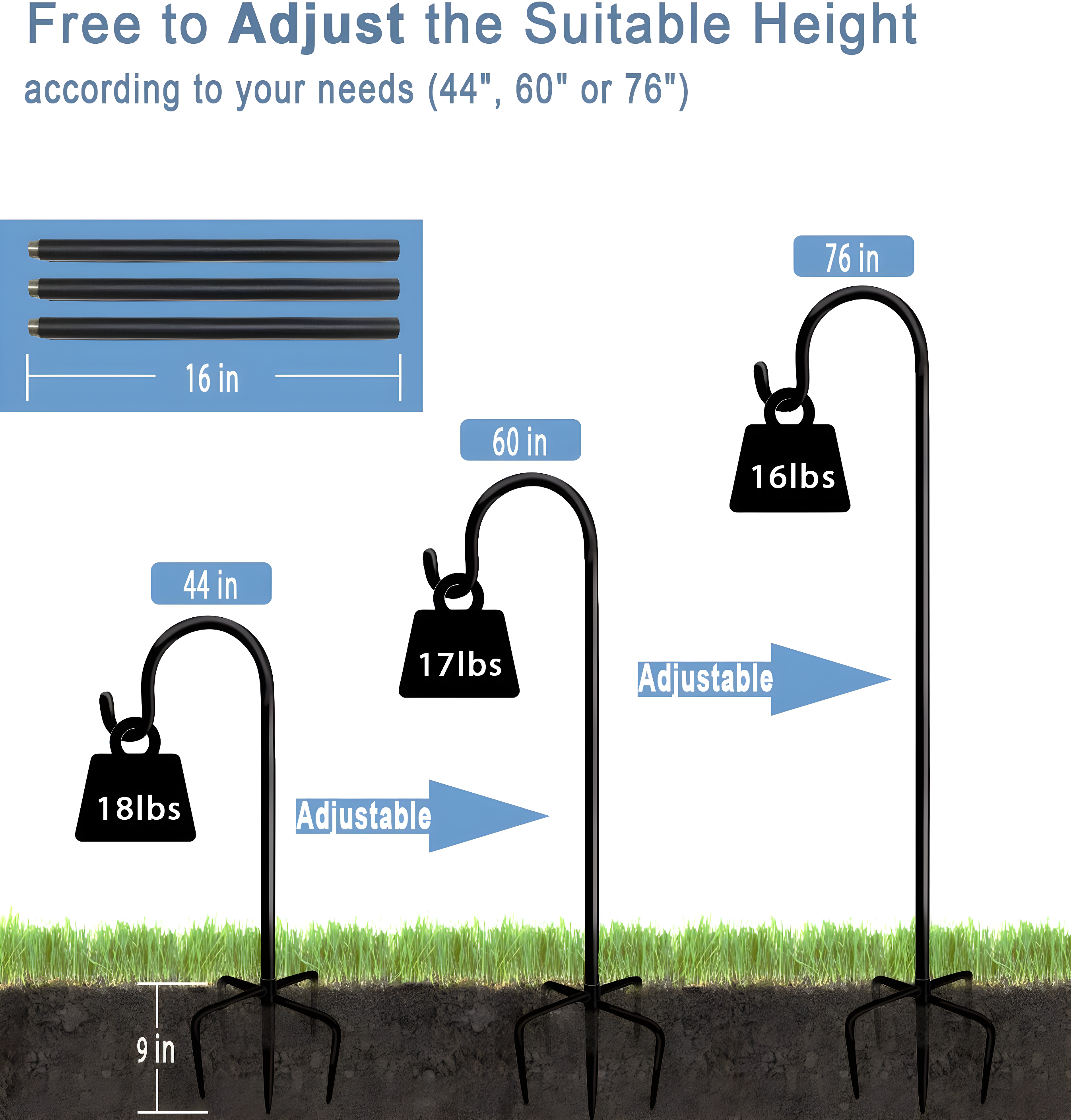 76 inch Outdoor Shepherd Hook with 5 Prong Base (2 Packs), Adjustable Heavy Duty Garden Hanging Stake for Bird Feeder Solar Light Plant Hanger Wedding Decor, Matte Black
