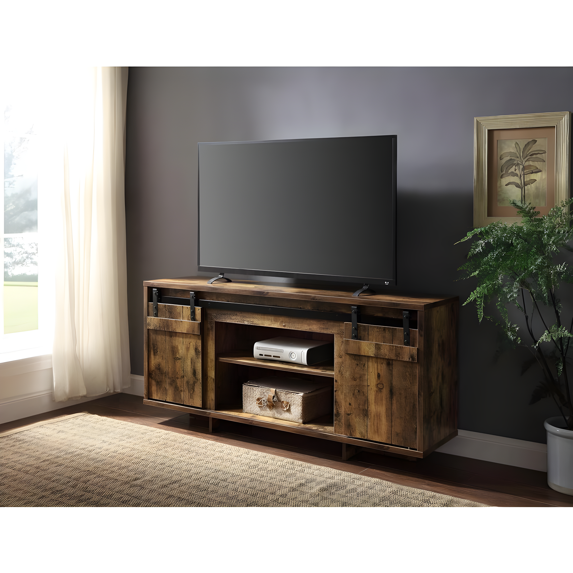 Acme Furniture 60" Bellarosa TV Stand for TVs up to 60" Rustic Oak: Wood Frame, Fixed Shelves, Assembly Required