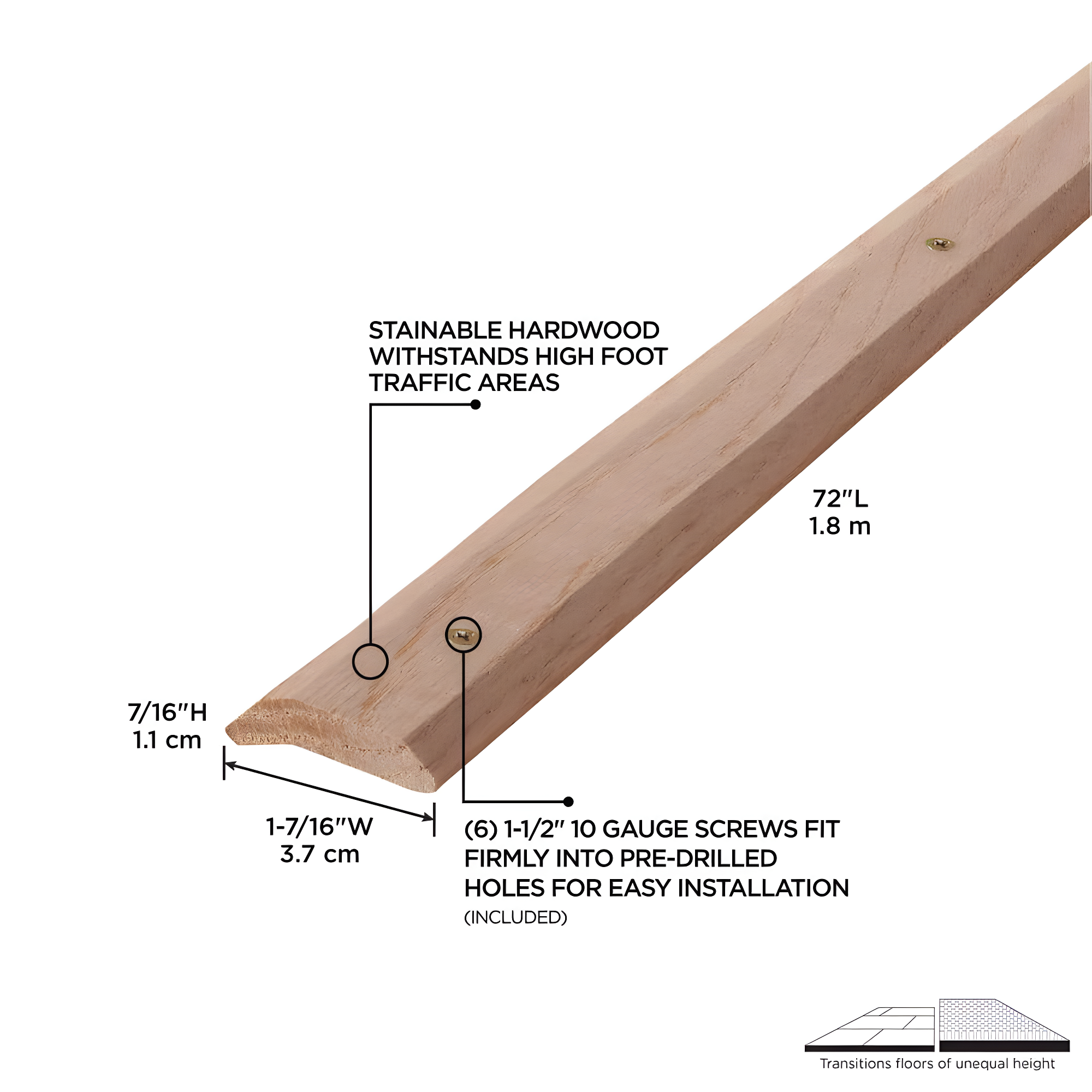 M-D Building Products 85365 1-7/16 In. X 72 In. Unfinished Hardwood Carpet Trim w/ Screws